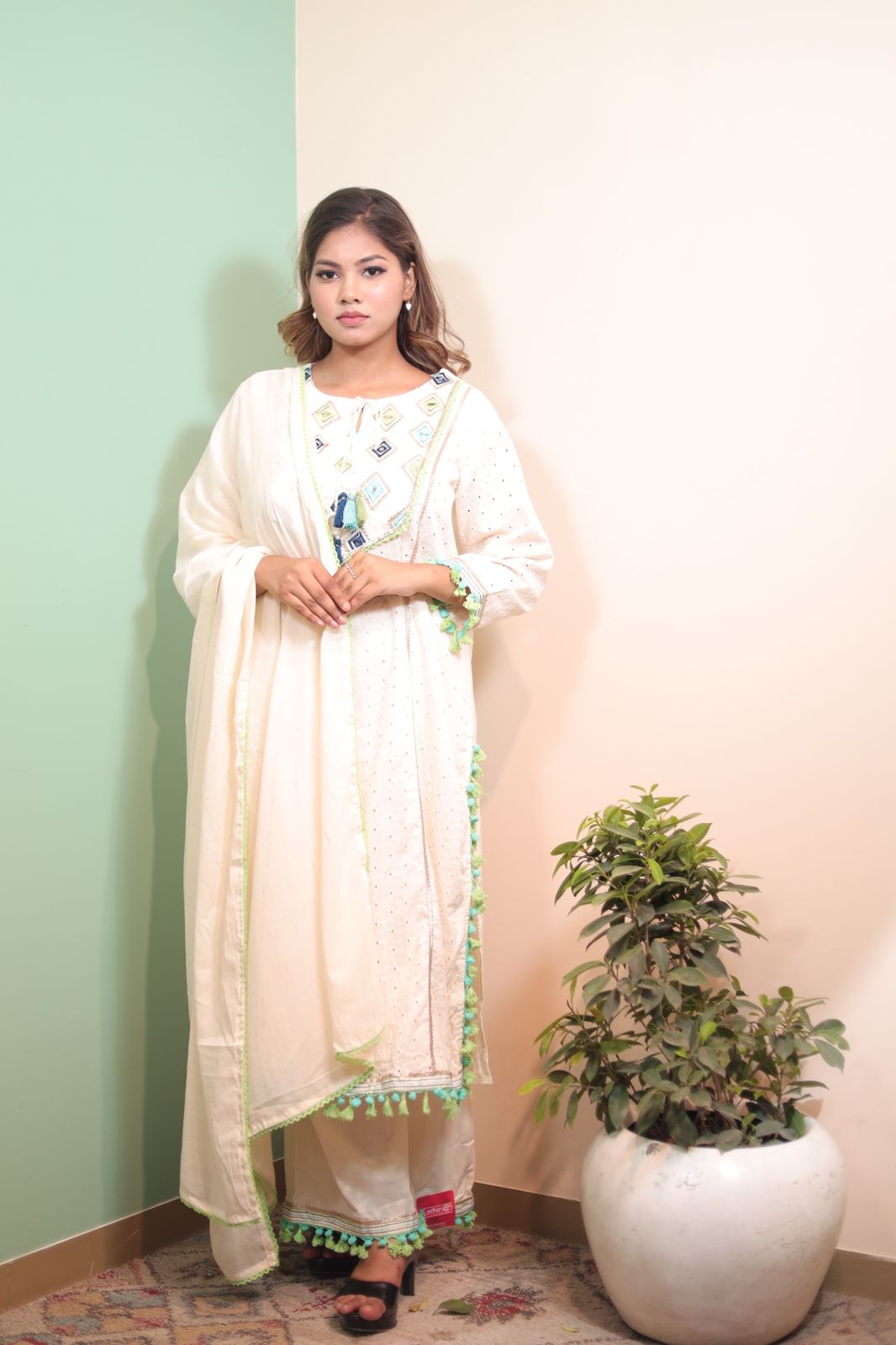 Elegant Floral White Cotton Kurti with Pant and Dupatta