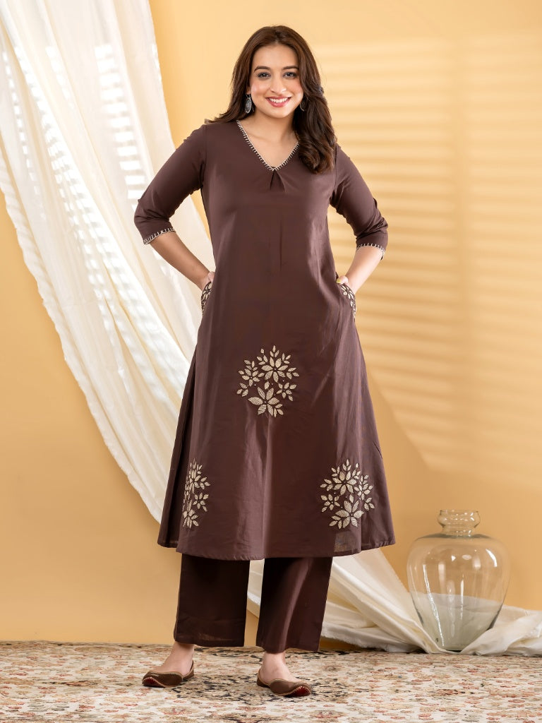 Chocolate Brown Embroidered Pocket Kurti Set