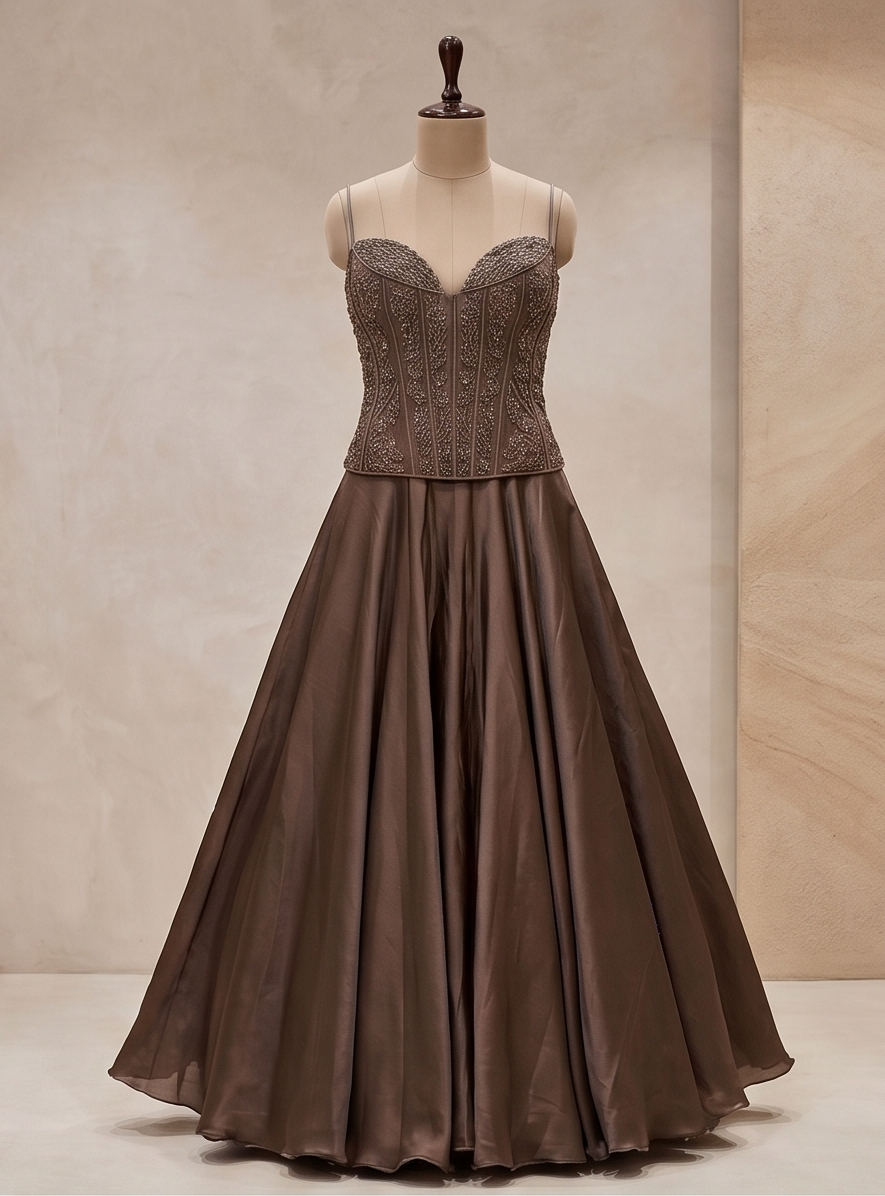 Mocha Brown Embellished Corset Flared Evening Gown