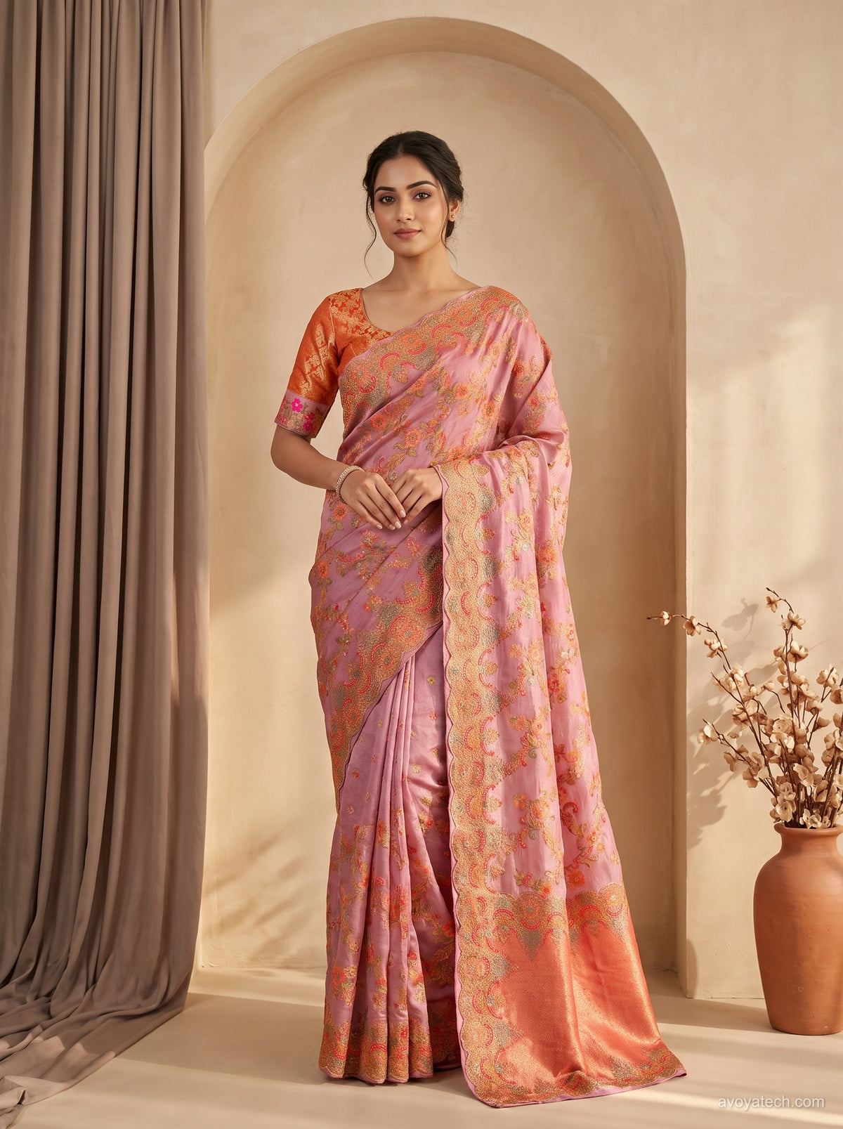 Pastel Pink Silk Saree with Embroidered Scallop Border, Zari Pallu & Blouse Piece Main image
