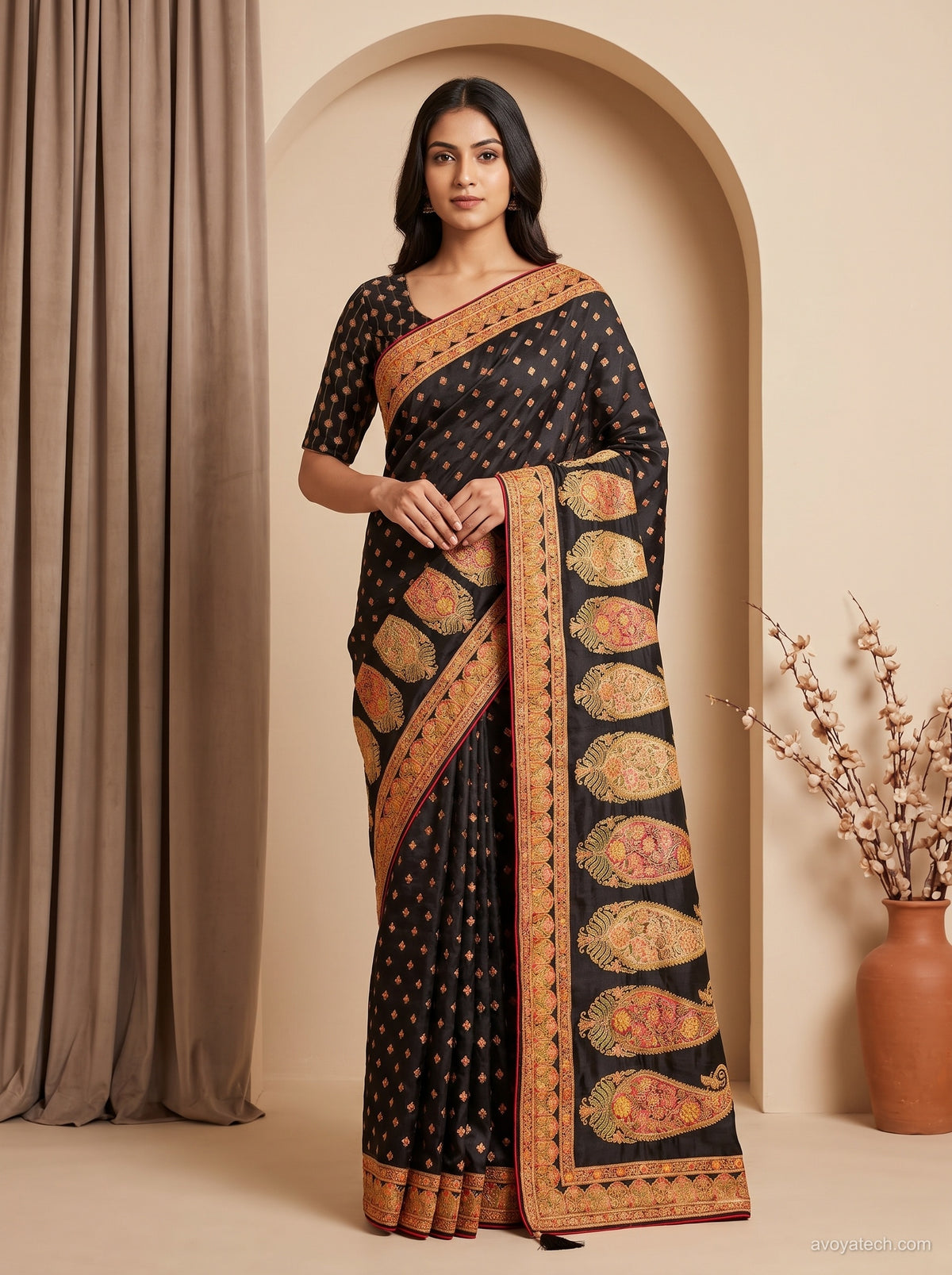 Jet Black Silk Saree with Kashmiri Jamawar Paisley Border