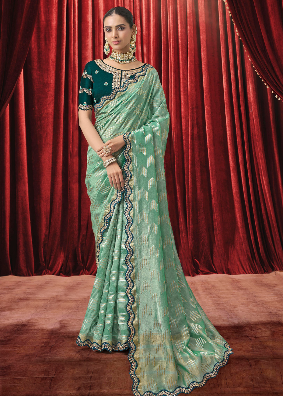 Mint Green Geometric Woven Tissue Silk Saree