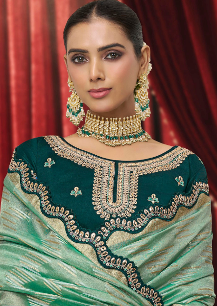 Mint Green Geometric Woven Tissue Silk Saree