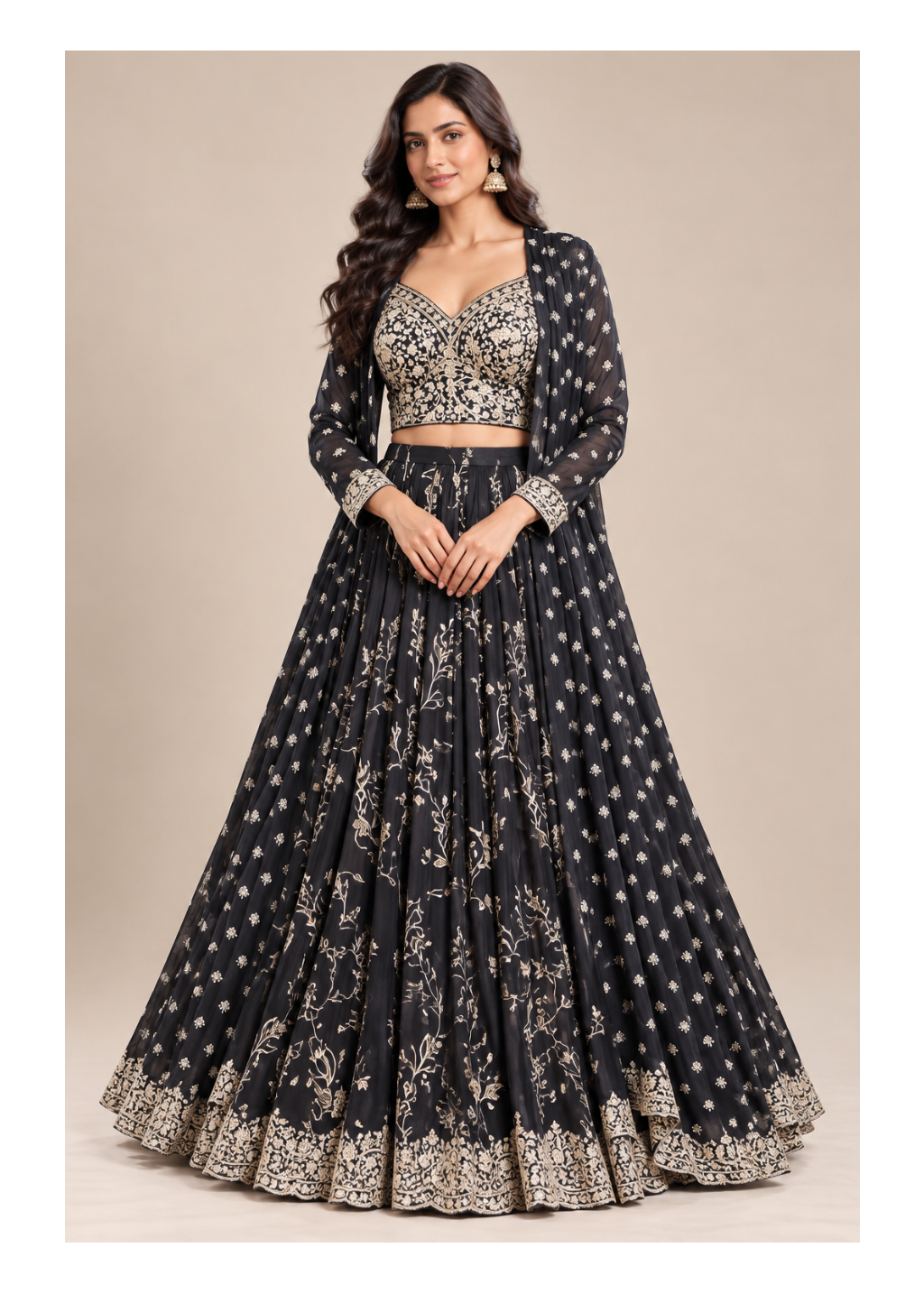 Black Gold Embroidered Jacket Lehenga Set Main image