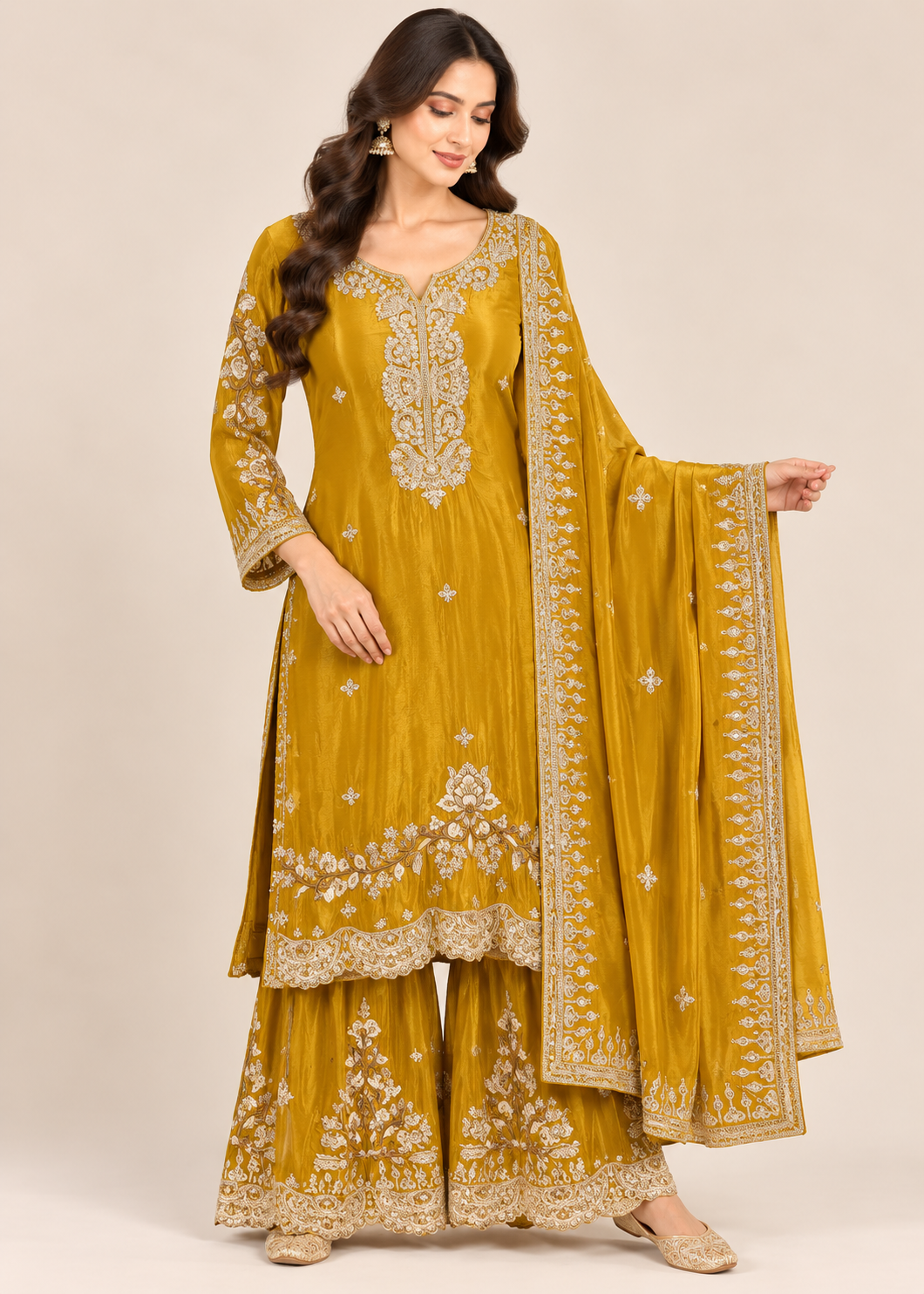Mustard Yellow Embroidered Sharara Suit with Dupatta