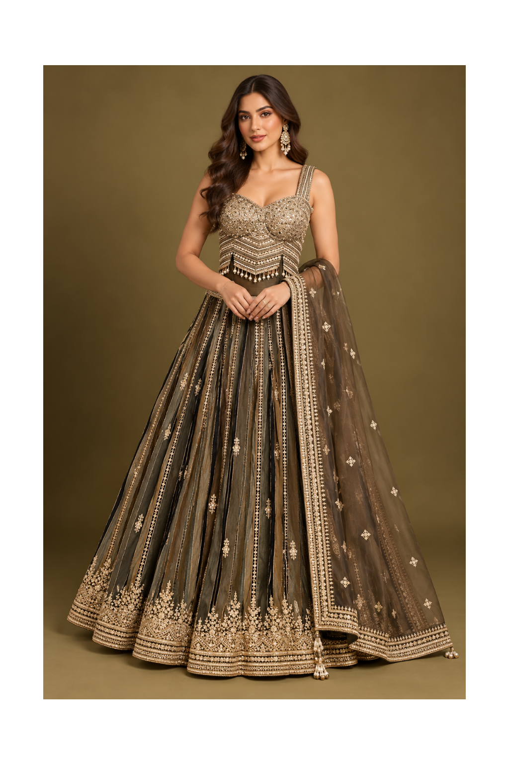 Charcoal Bronze Heavily Embellished Silk Lehenga