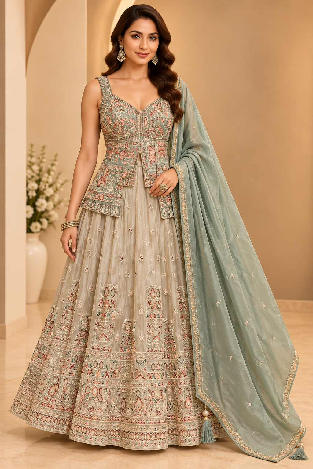 Sage Green &amp; Champagne Embroidered Peplum Corset Top, Flared Skirt &amp; Dupatta Set Main image