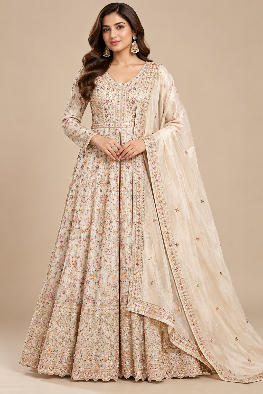Ivory Cream Floral Embellished Front-Slit Anarkali Gown with Dupatta