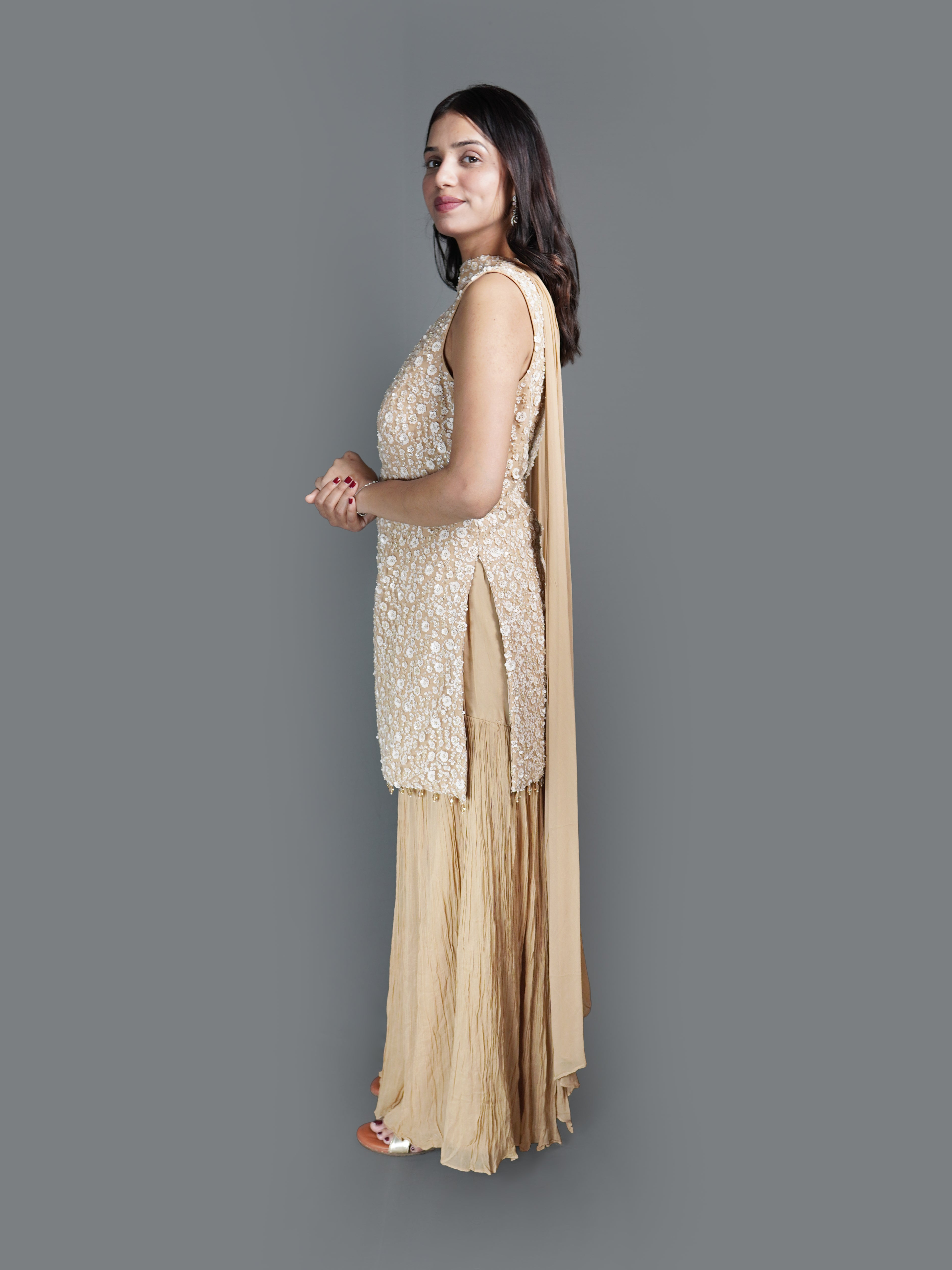 Champagne Crystal Tunic sharara Set (2214 M-13) Secondary image
