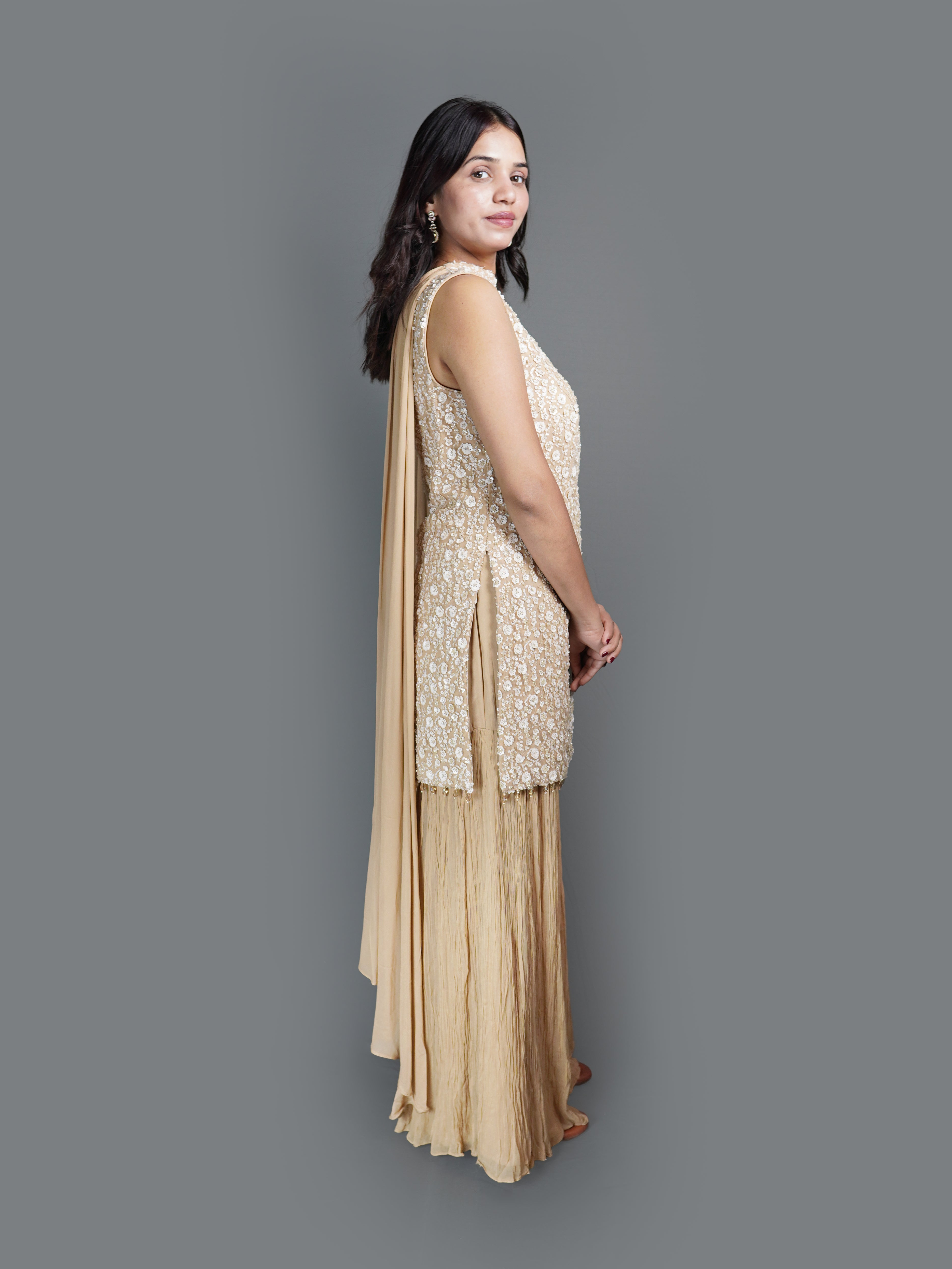 Champagne Crystal Tunic sharara Set (2214 M-13)