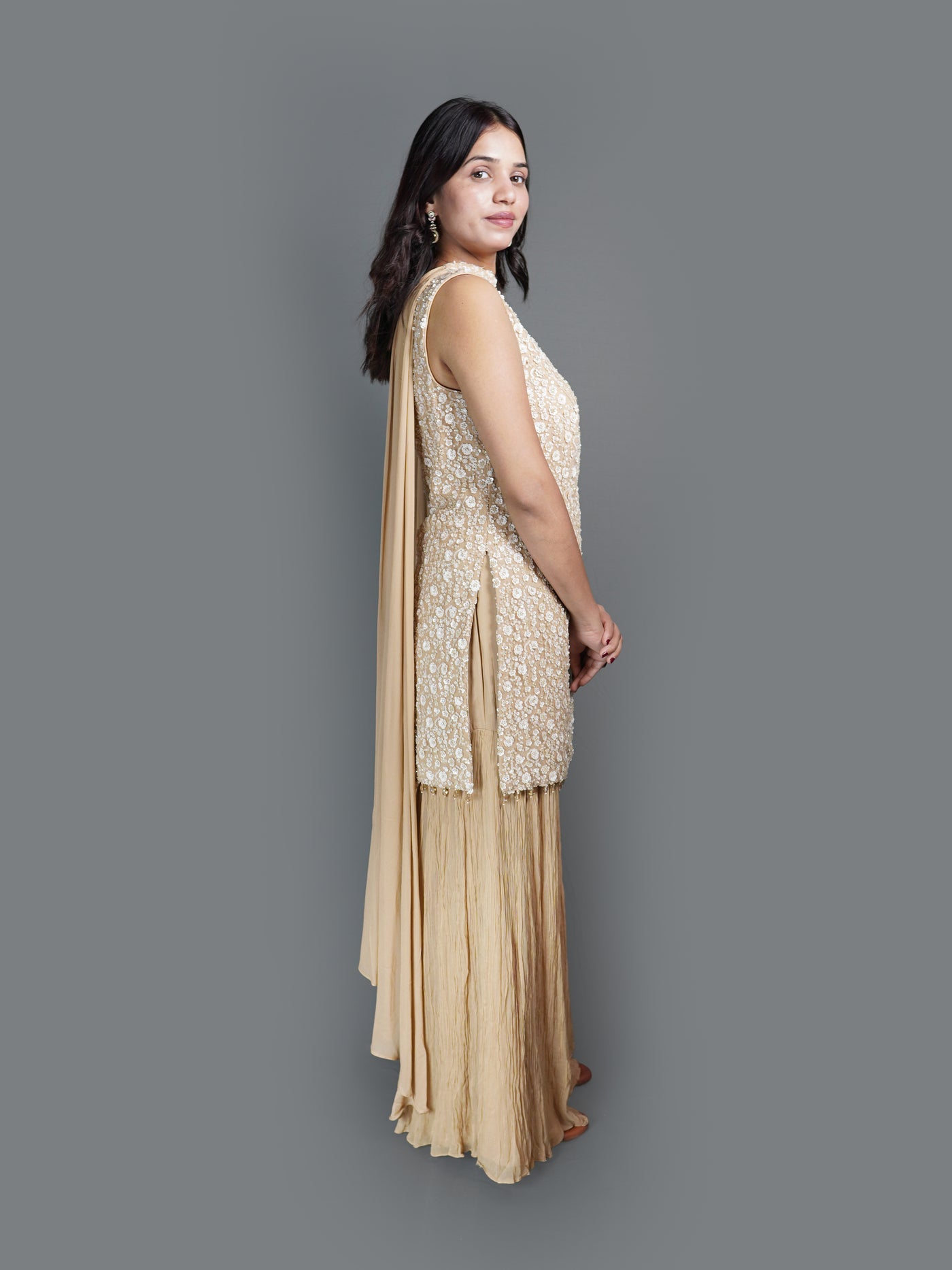 Champagne Crystal Tunic sharara Set (2214 M-13)