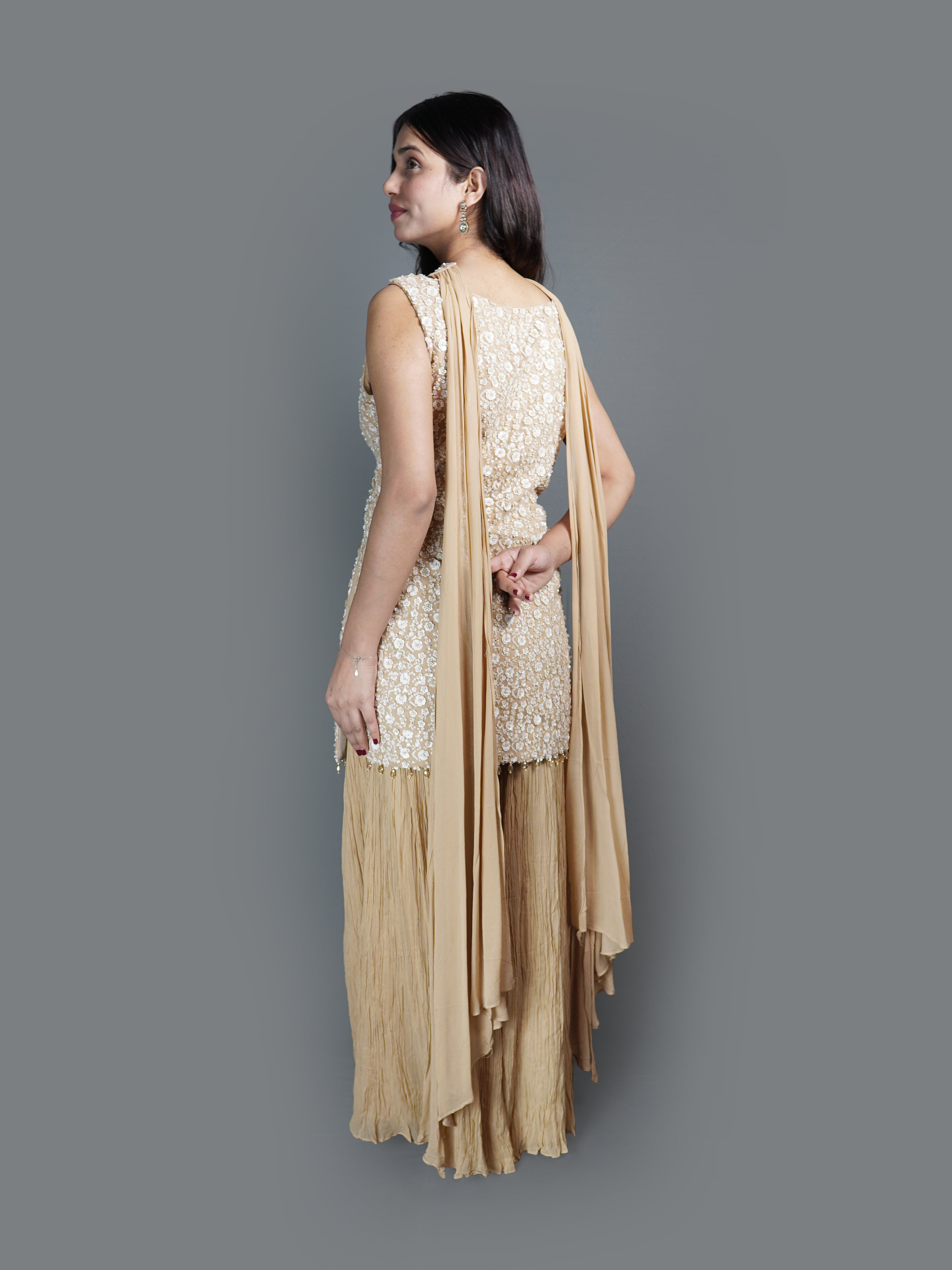 Champagne Crystal Tunic sharara Set (2214 M-13)