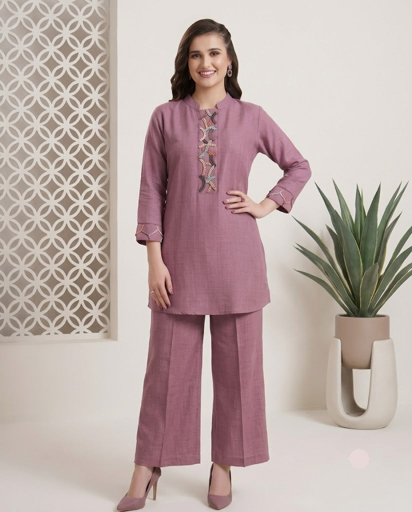 Mauve Embroidered Kurta Palazzo Set for Women