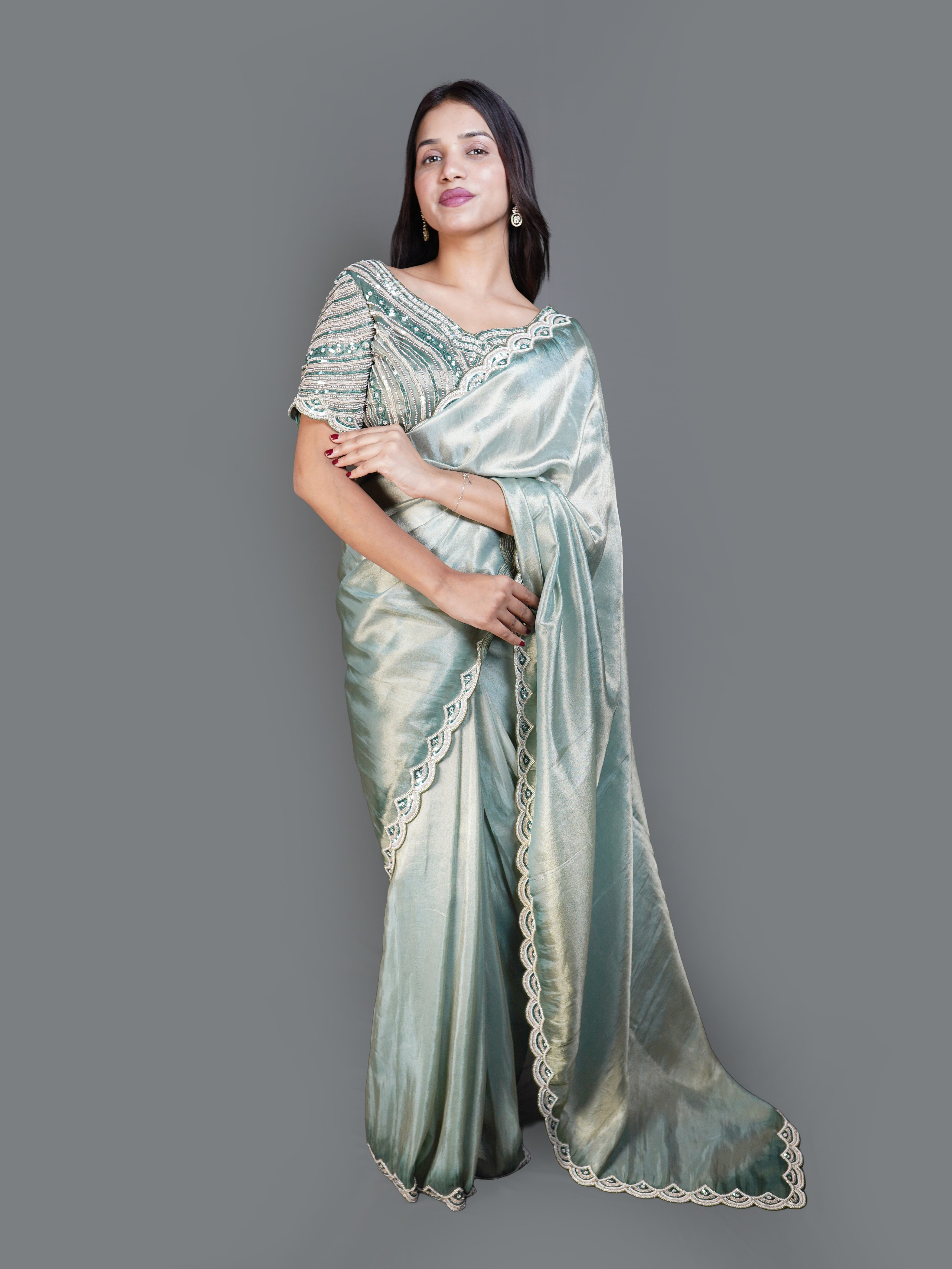 Shimmering Sage Green Saree with Heavy Beaded Blouse (V12243 B-141) Main image