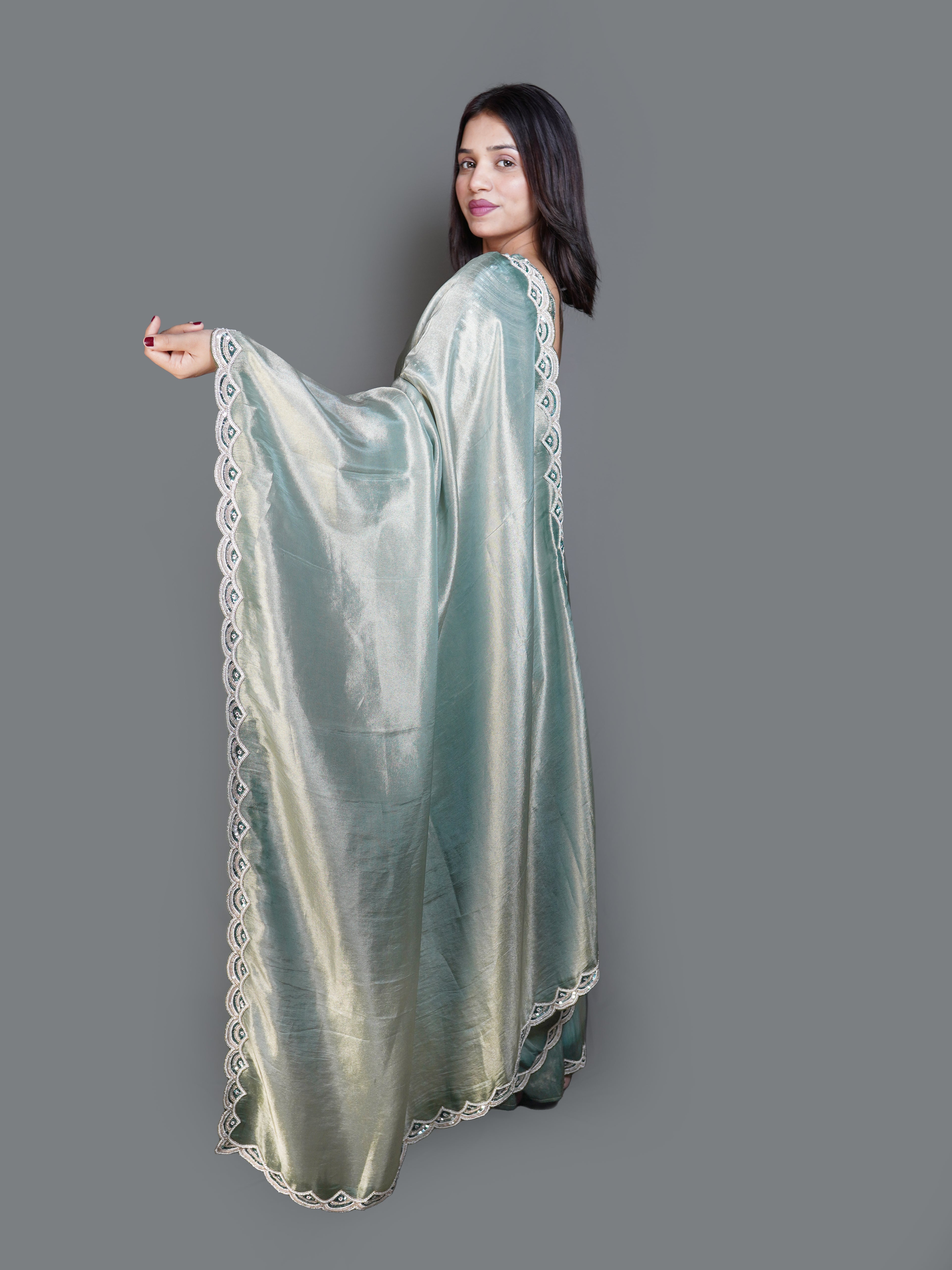 Shimmering Sage Green Saree with Heavy Beaded Blouse (V12243 B-141) Secondary image
