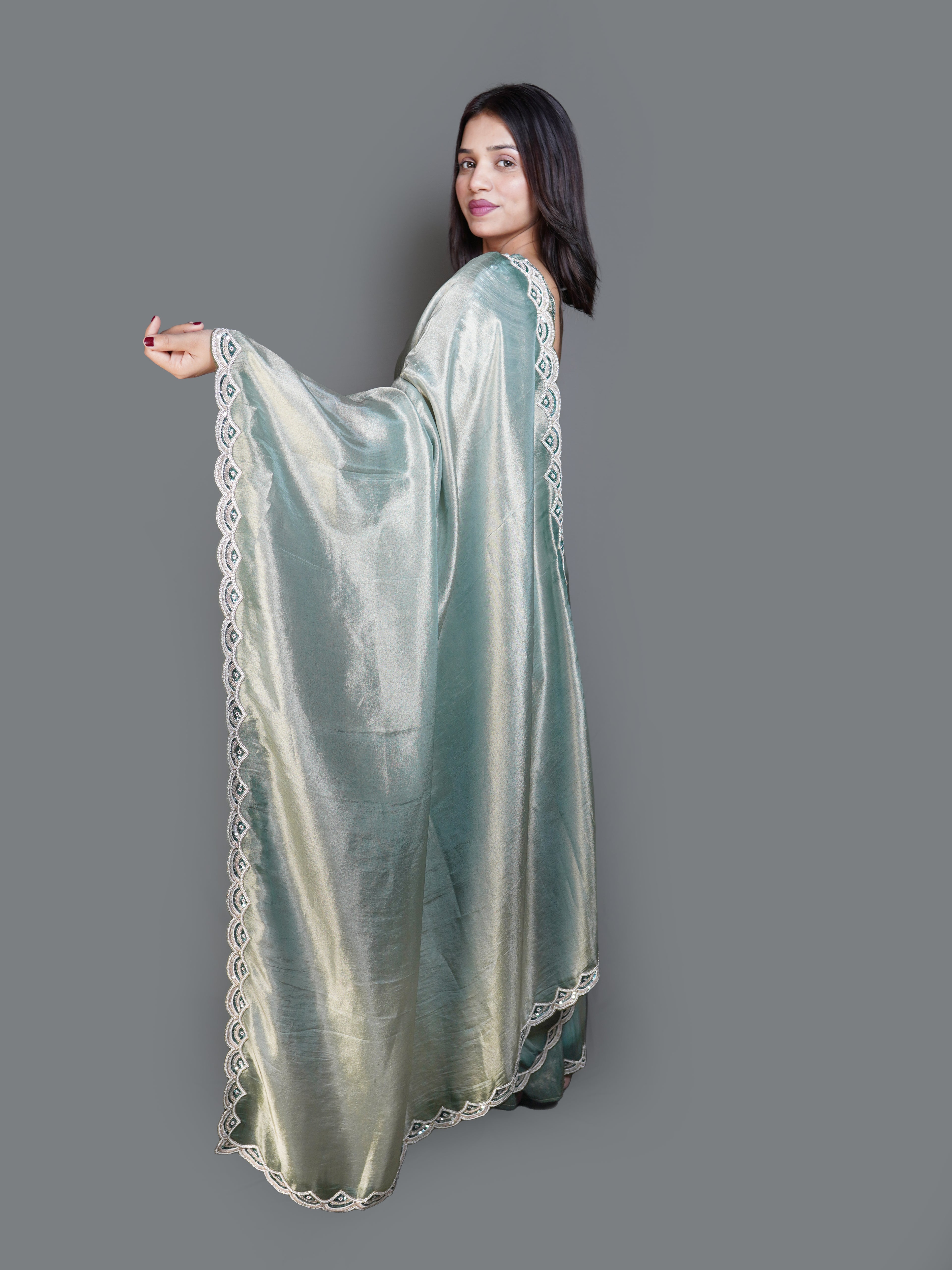 Shimmering Sage Green Saree with Heavy Beaded Blouse (V12243 B-141)