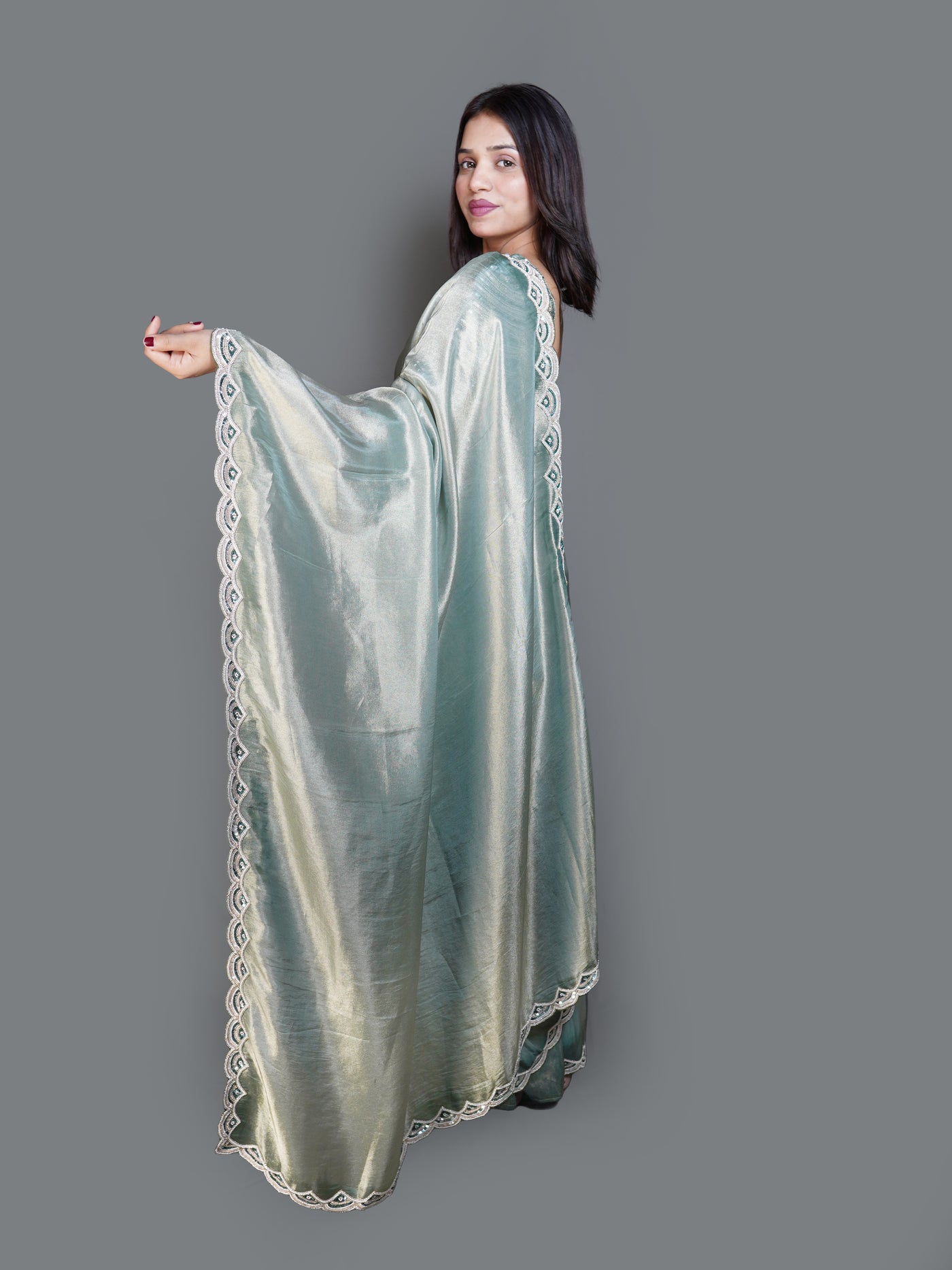 Shimmering Sage Green Saree with Heavy Beaded Blouse (V12243 B-141)
