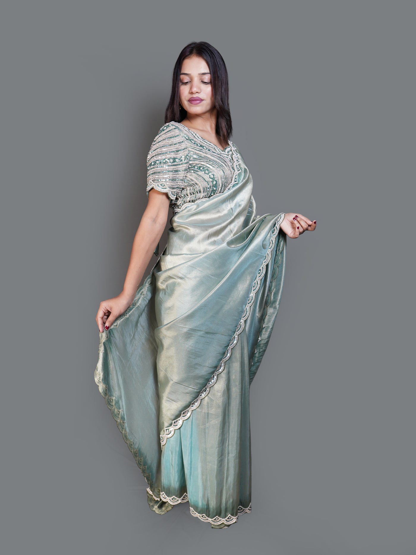 Shimmering Sage Green Saree with Heavy Beaded Blouse (V12243 B-141)