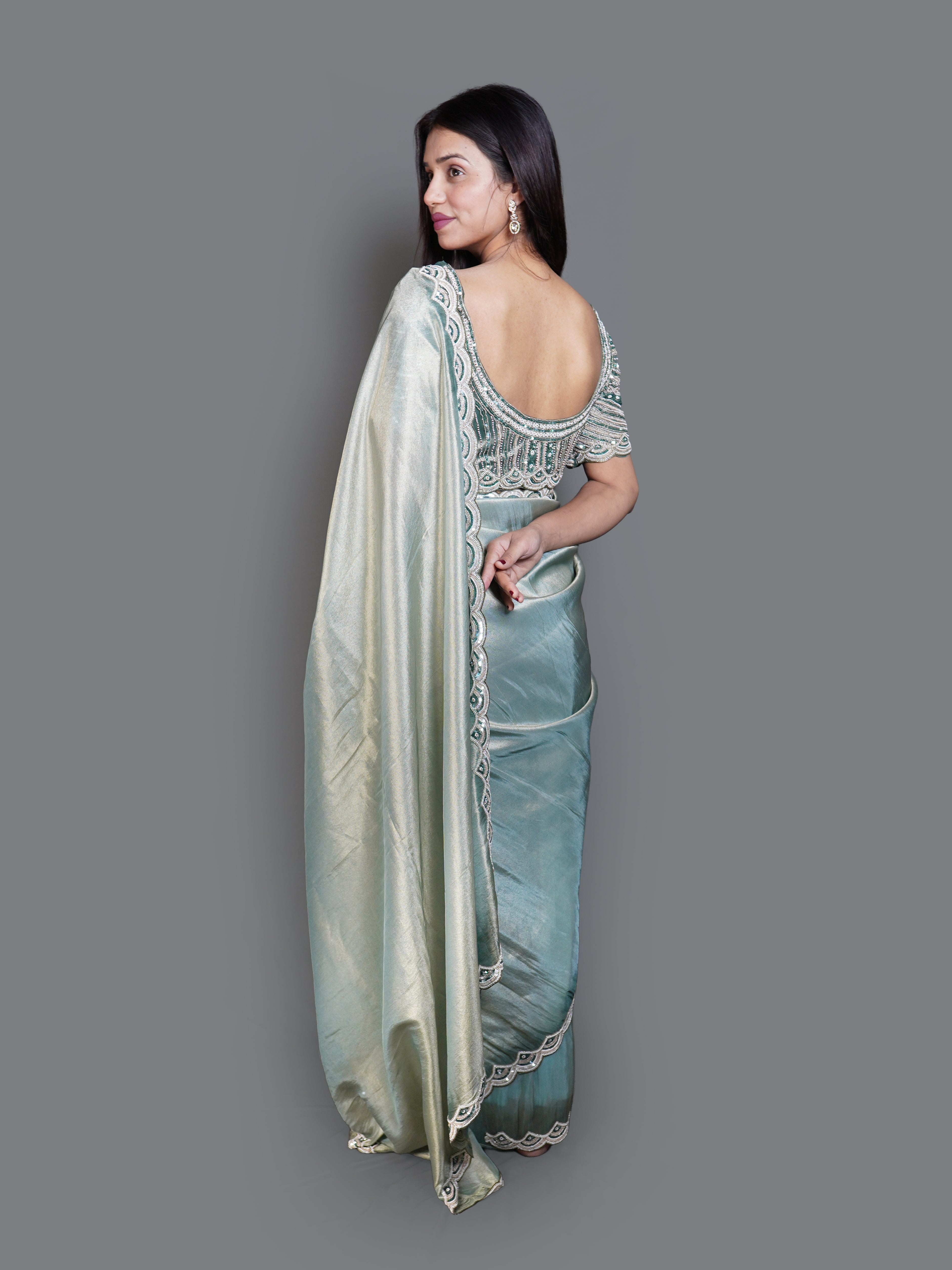 Shimmering Sage Green Saree with Heavy Beaded Blouse (V12243 B-141)