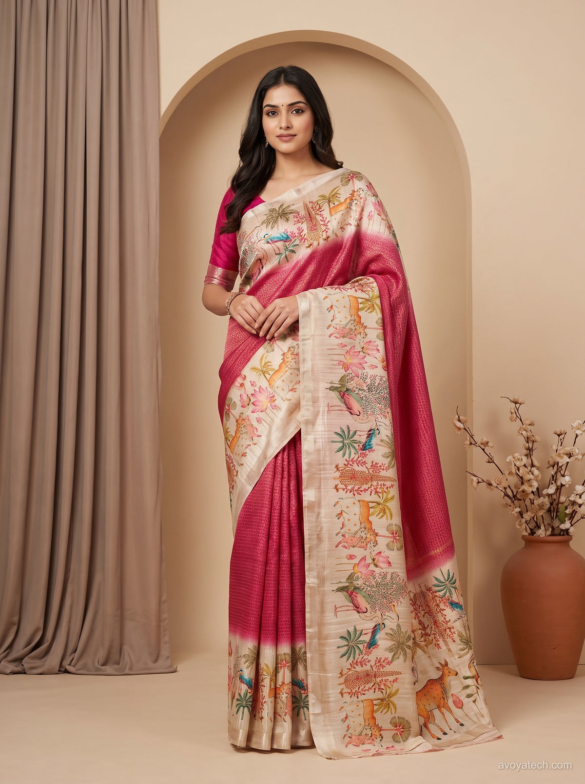 Rani Pink & Beige Kalamkari-Inspired Pichwai Silk Saree