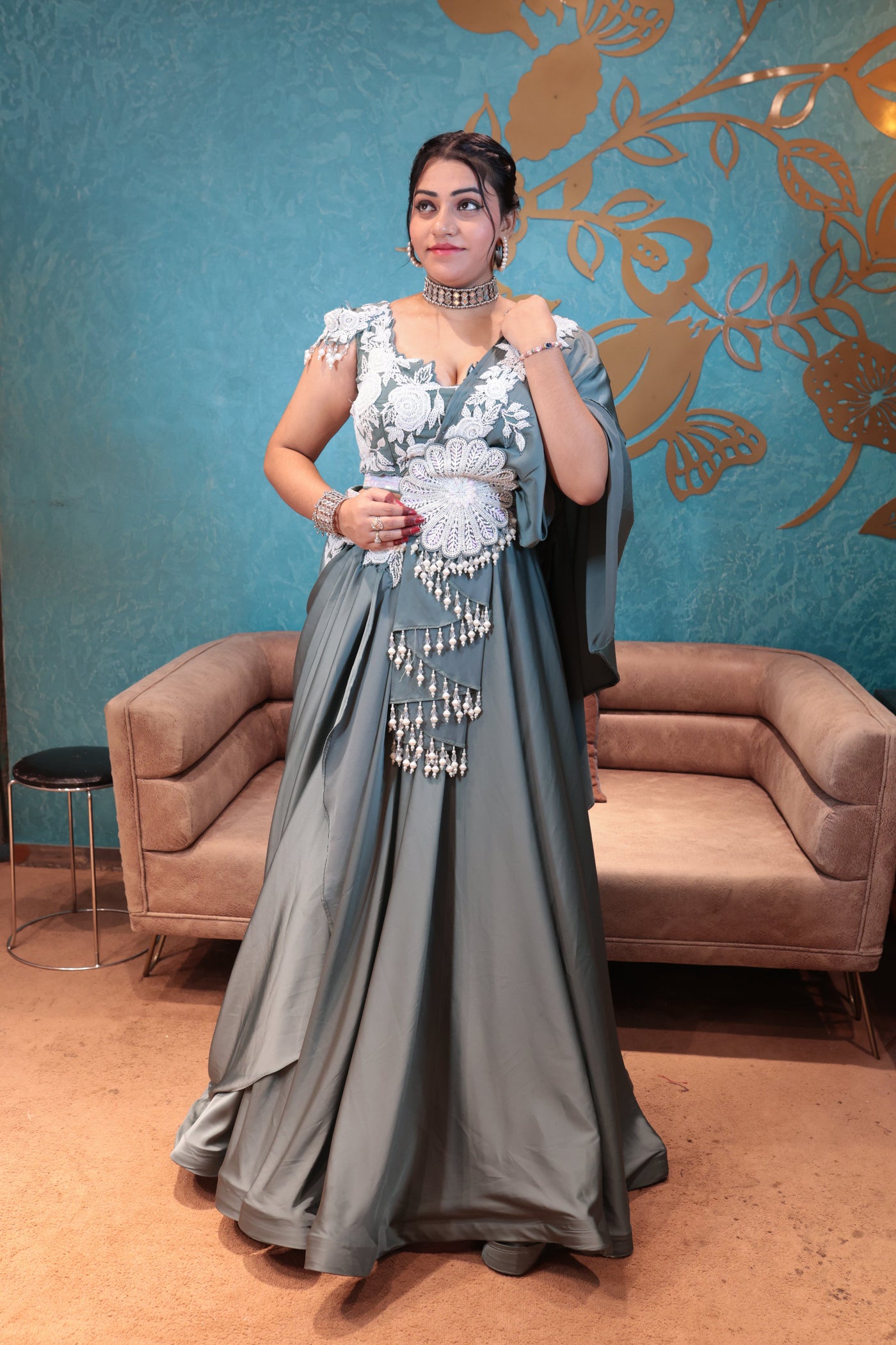 Elegant Grey and White Gown