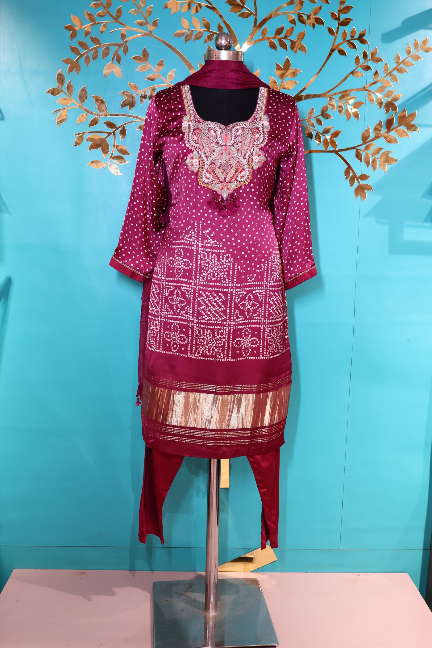 Opulent Berry Bandhani Kurta Set with Intricate Embroidery (S-280 B-1)