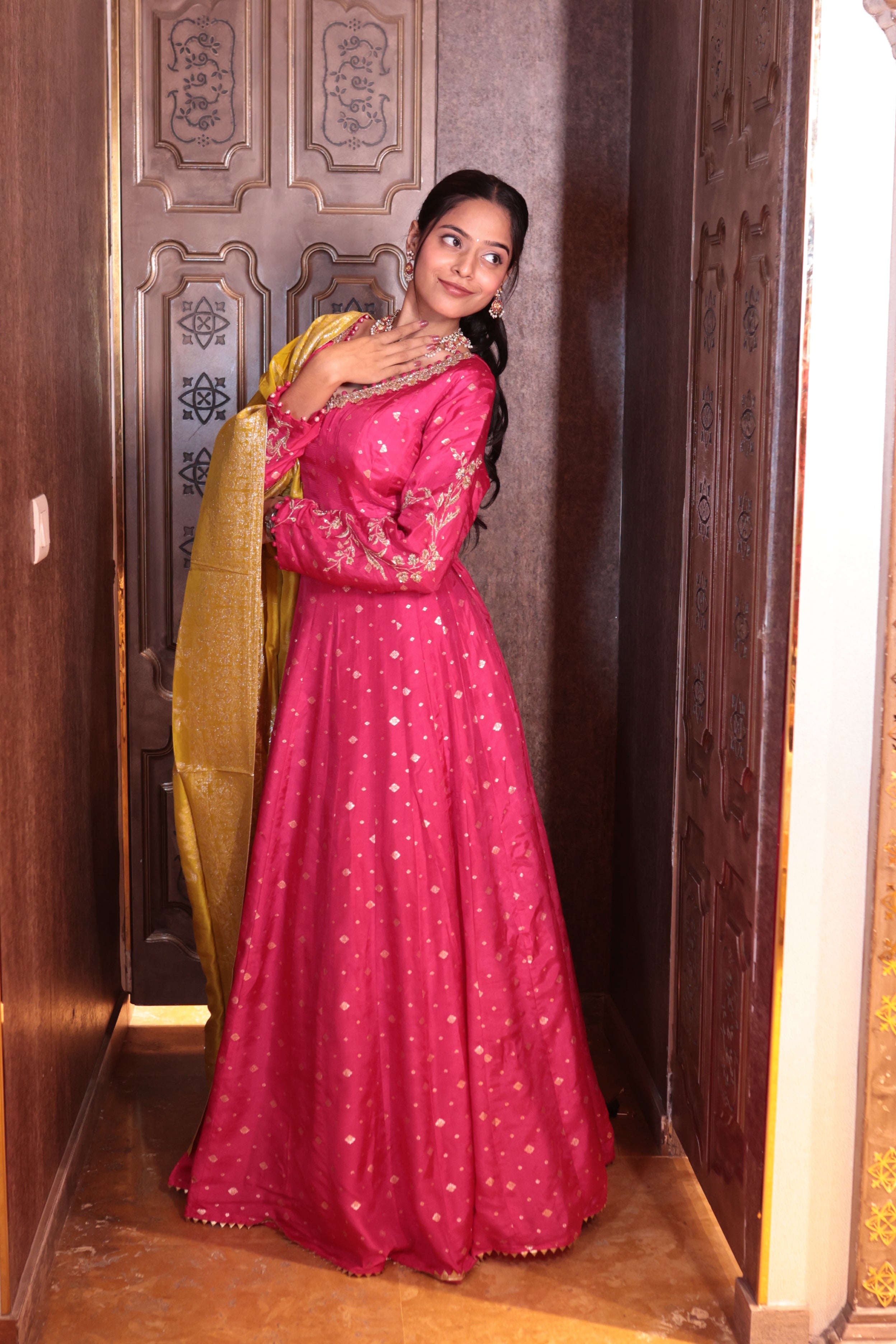 Fuchsia Festival' Gown with Banarasi Dupatta ( 1942 M-130) ODHNI Fuchsia Festival' Gown with Banarasi Dupatta ( 1942 M-130) ODHNI
