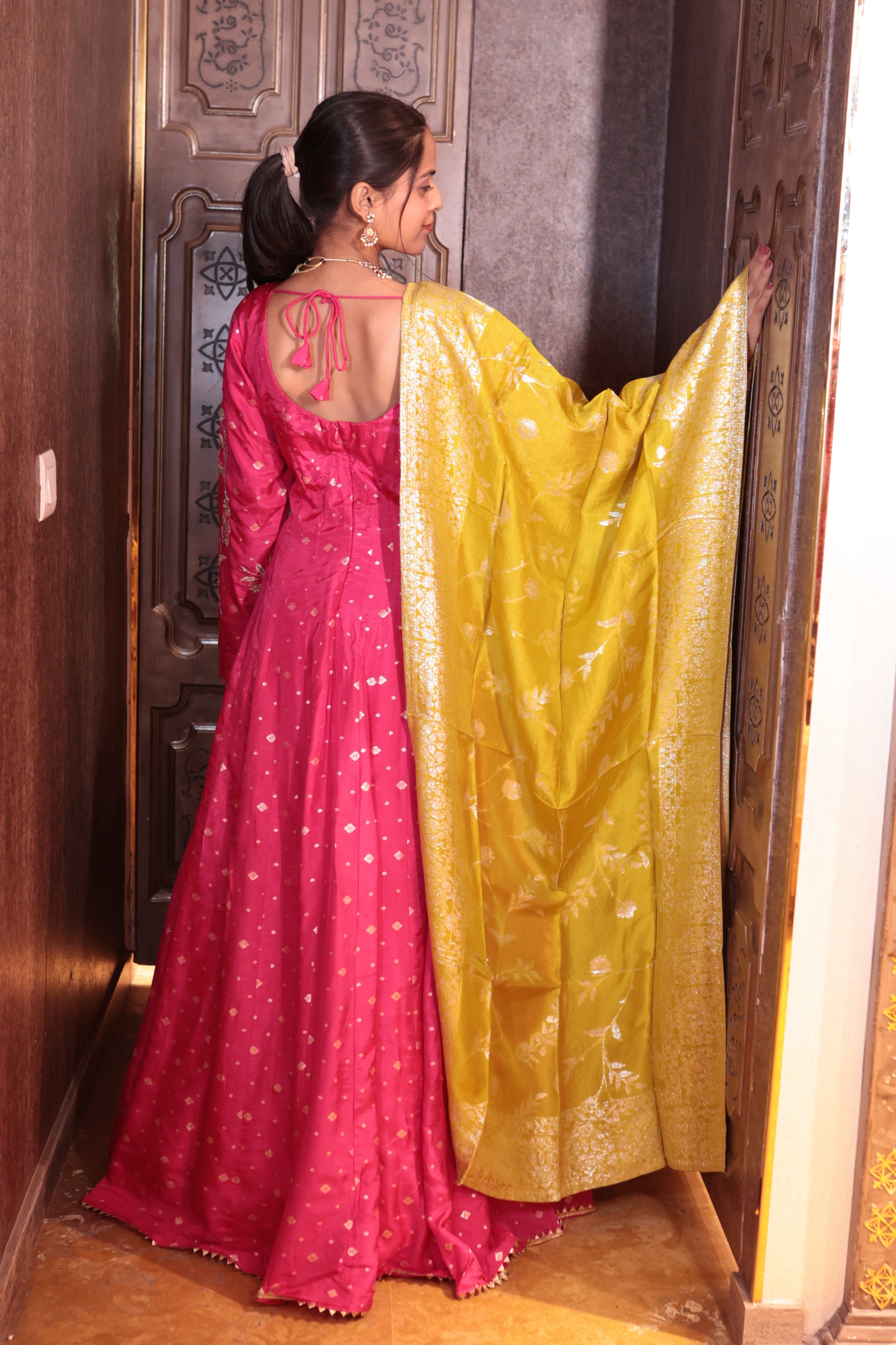 Fuchsia Festival' Gown with Banarasi Dupatta ( 1942 M-130) ODHNI Fuchsia Festival' Gown with Banarasi Dupatta ( 1942 M-130) ODHNI