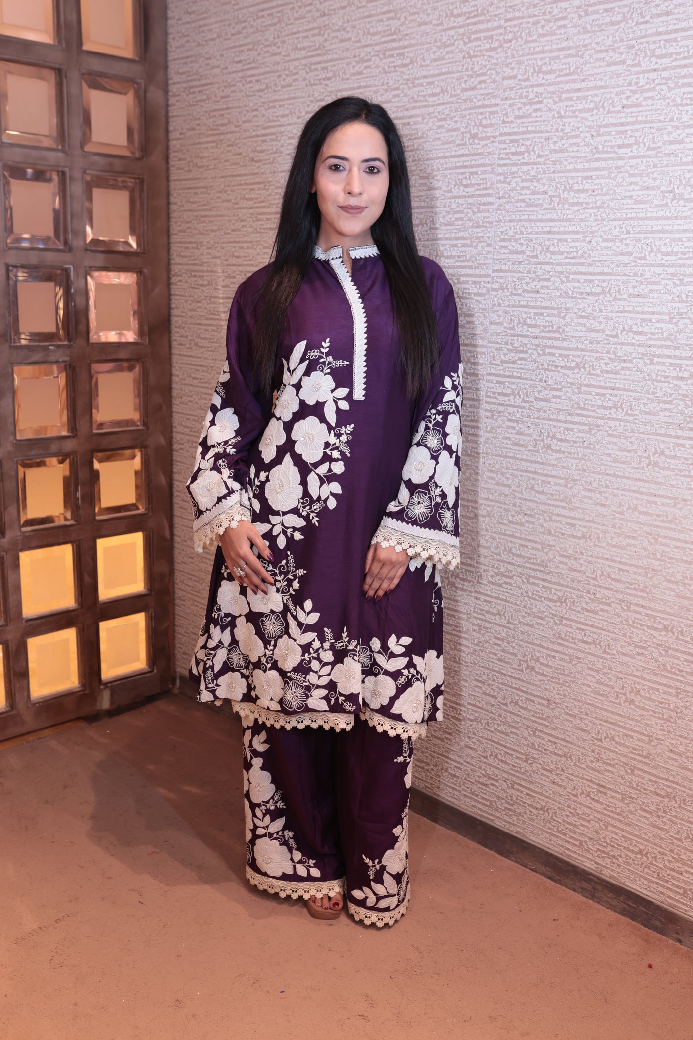 Deep Wine Floral Embroidered Kurta Set (S-337 B-1)