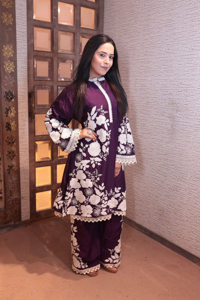 Deep Wine Floral Embroidered Kurta Set (S-337 B-1)