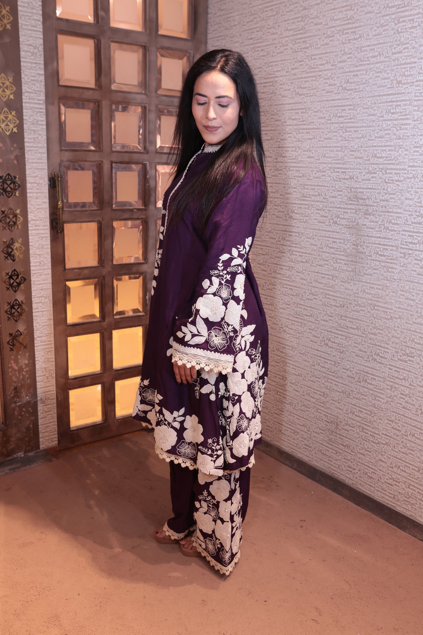 Deep Wine Floral Embroidered Kurta Set (S-337 B-1)