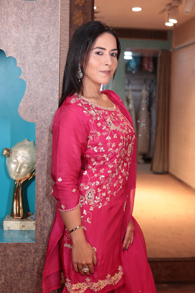 Hot Pink & Gold Embroidered Sharara Suit (5412 B-106)