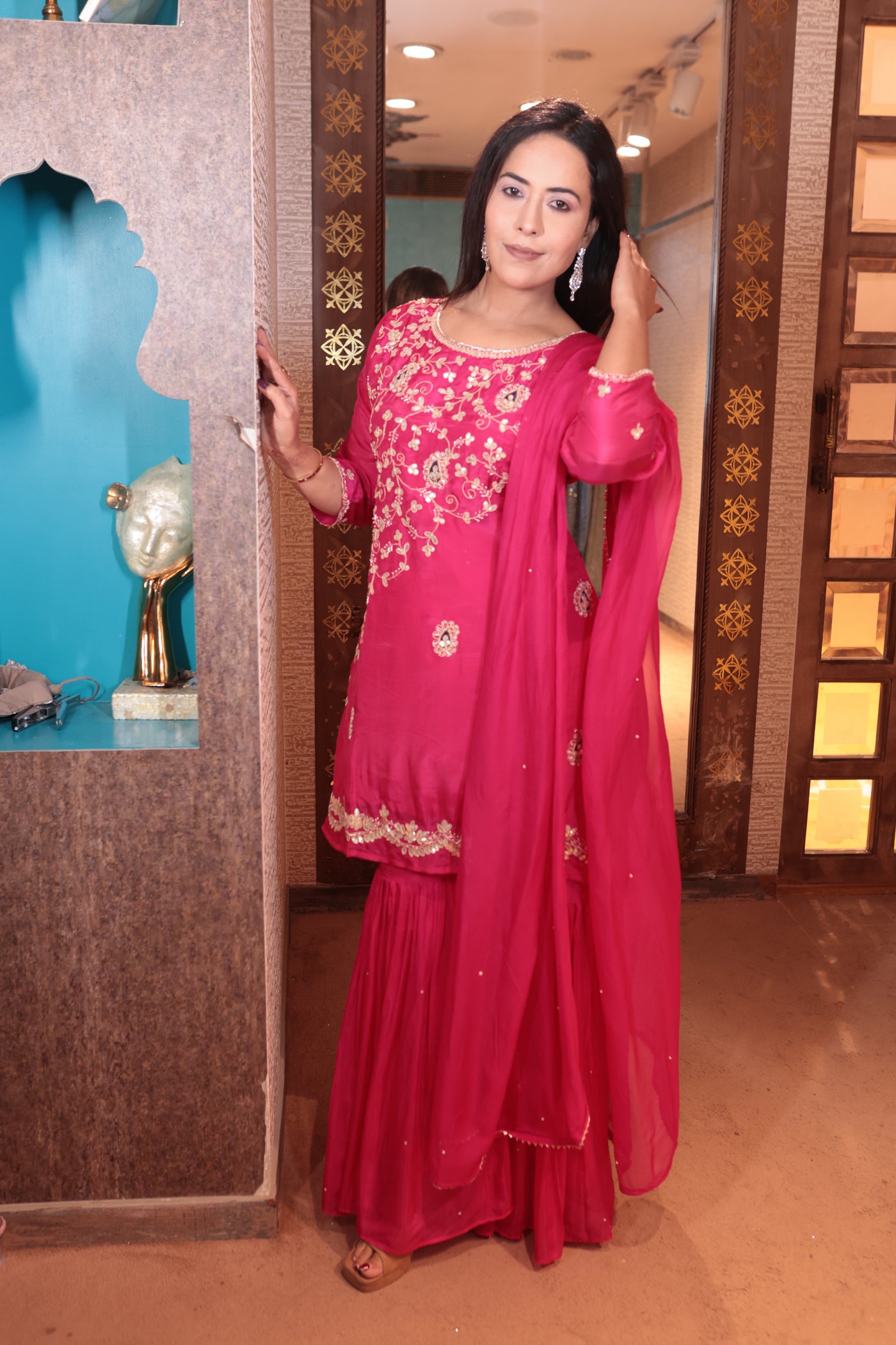 Hot Pink & Gold Embroidered Sharara Suit (5412 B-106)