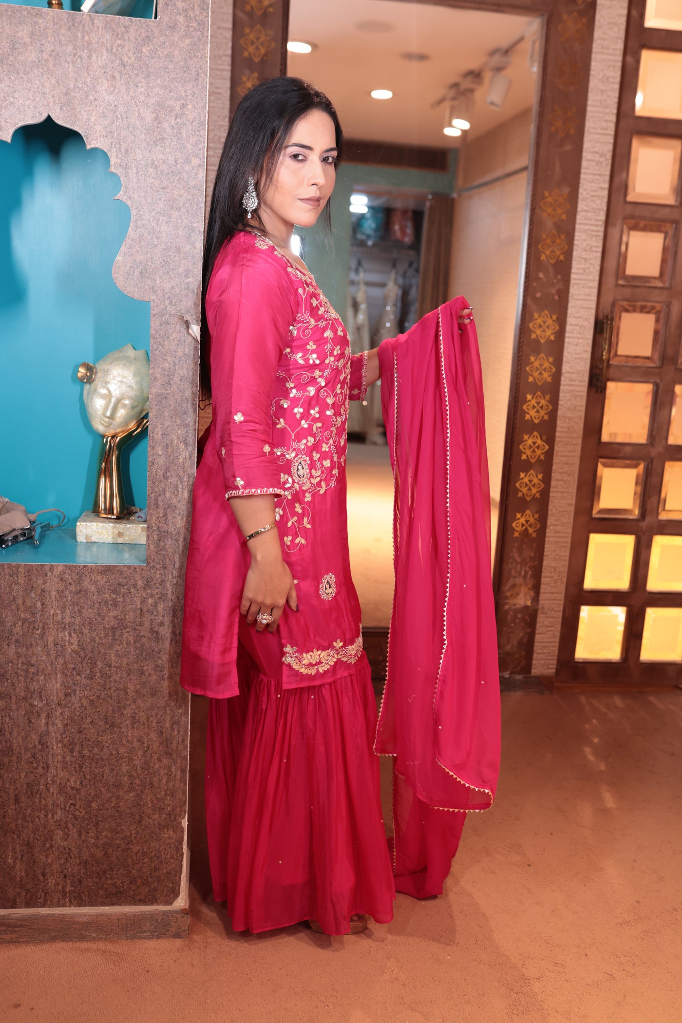 Hot Pink & Gold Embroidered Sharara Suit (5412 B-106)