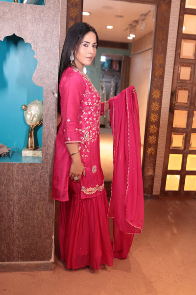 Hot Pink & Gold Embroidered Sharara Suit (5412 B-106)
