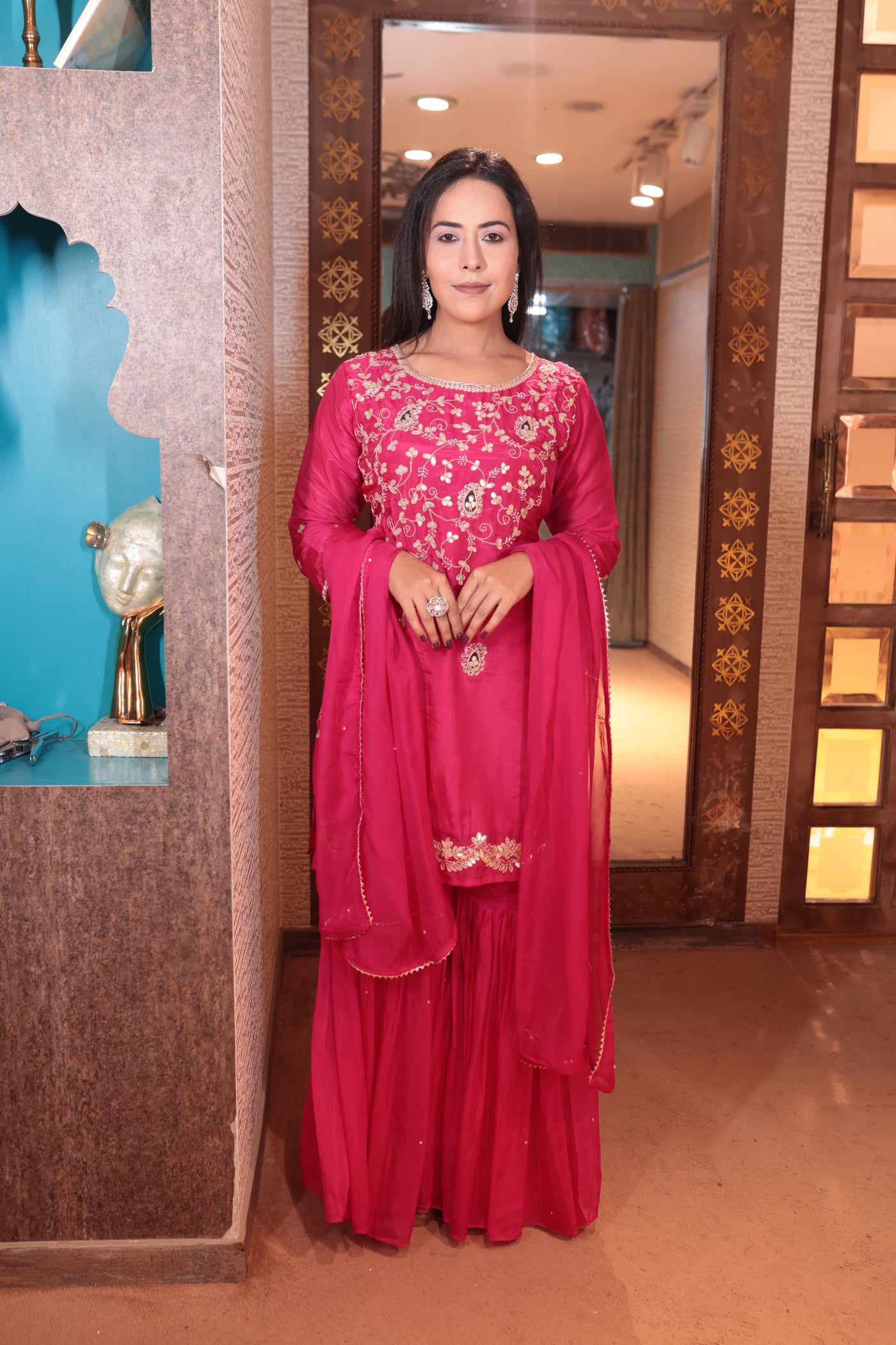 Hot Pink & Gold Embroidered Sharara Suit (5412 B-106)