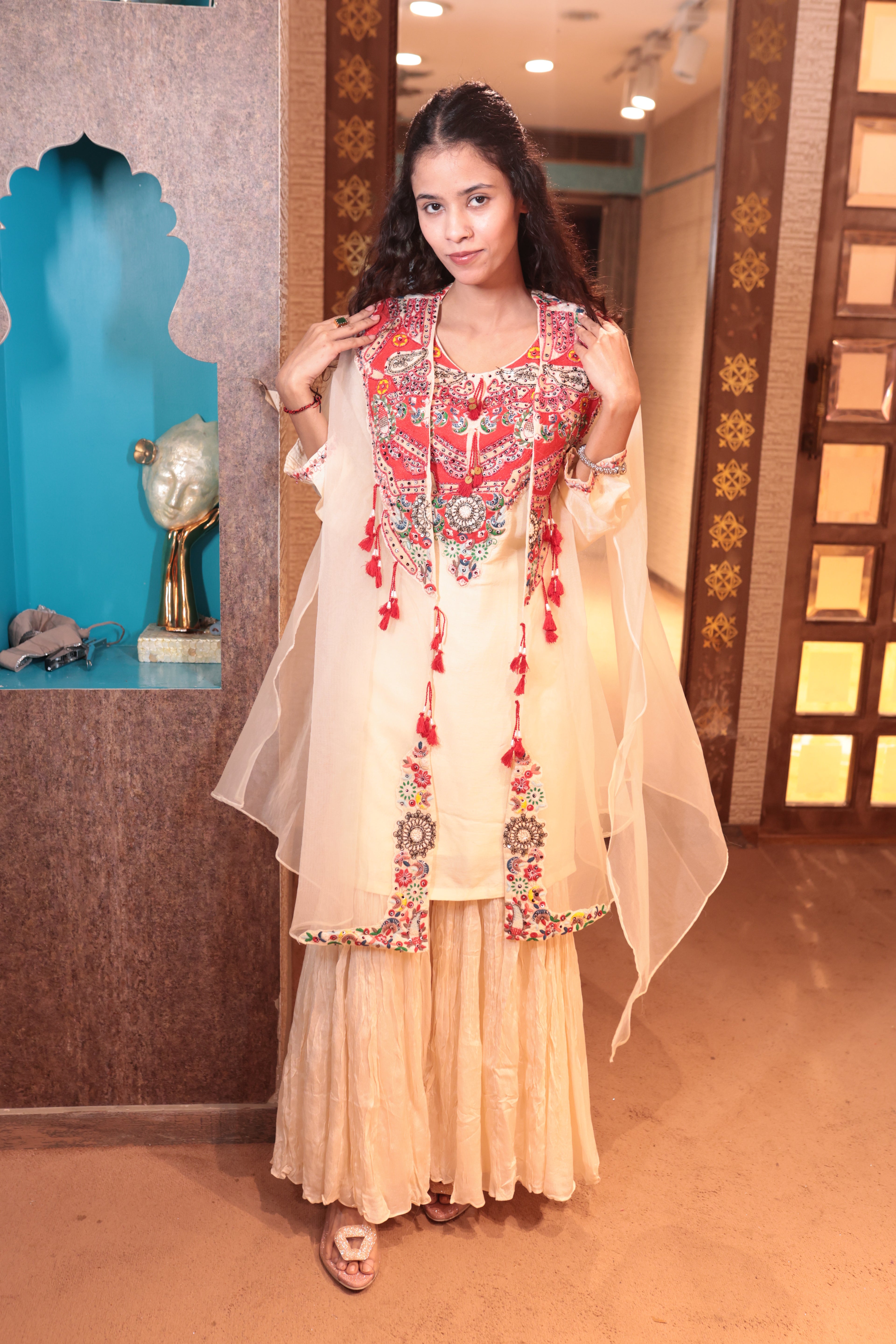 Cream Short Kurta Set with Colorful Embroidered Yoke and Flowy Sharara (S-302 B-1)