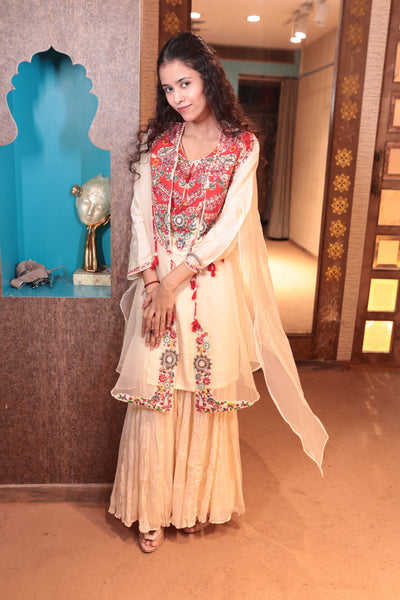 Cream Short Kurta Set with Colorful Embroidered Yoke and Flowy Sharara (S-302 B-1)