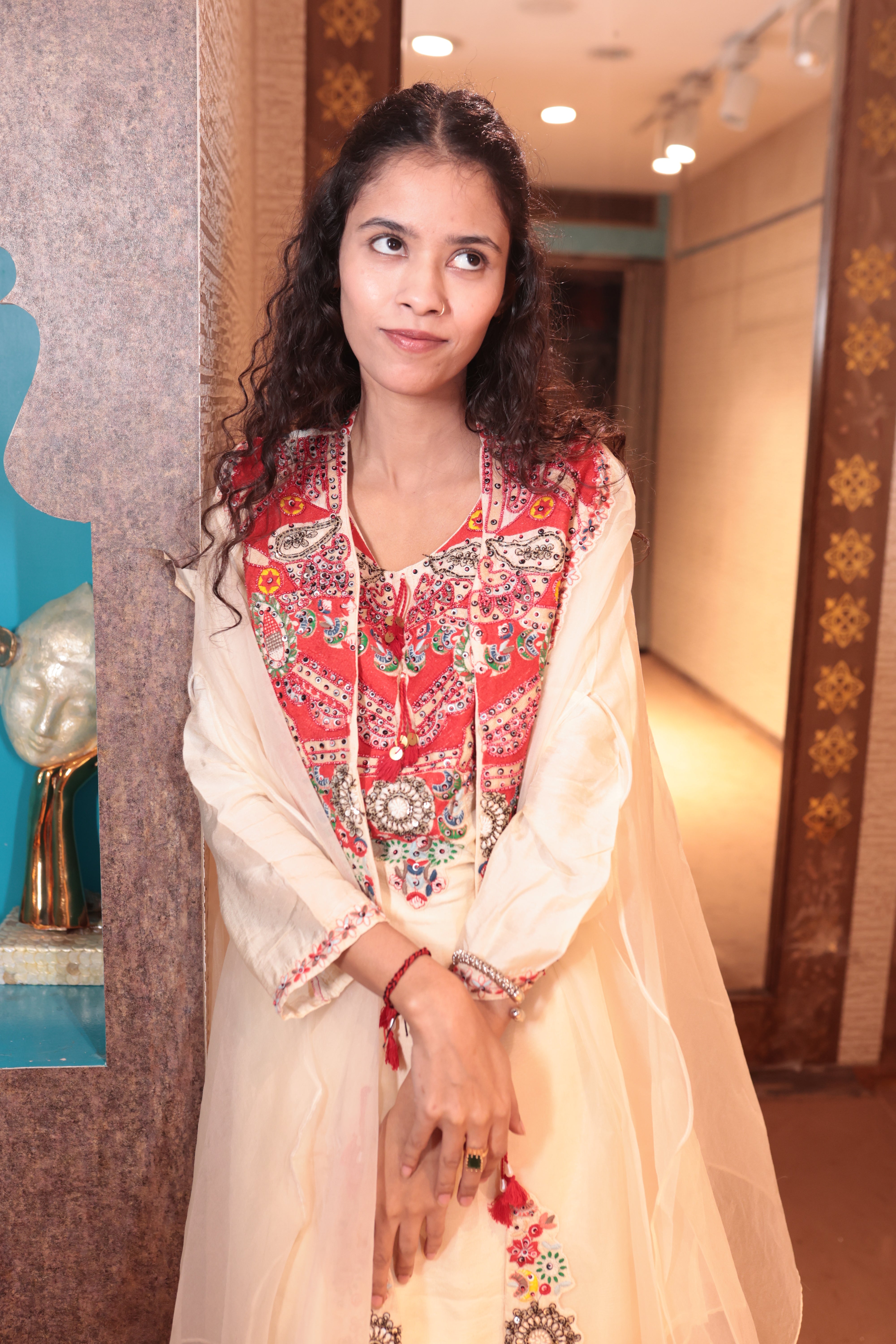 Cream Short Kurta Set with Colorful Embroidered Yoke and Flowy Sharara (S-302 B-1) Secondary image
