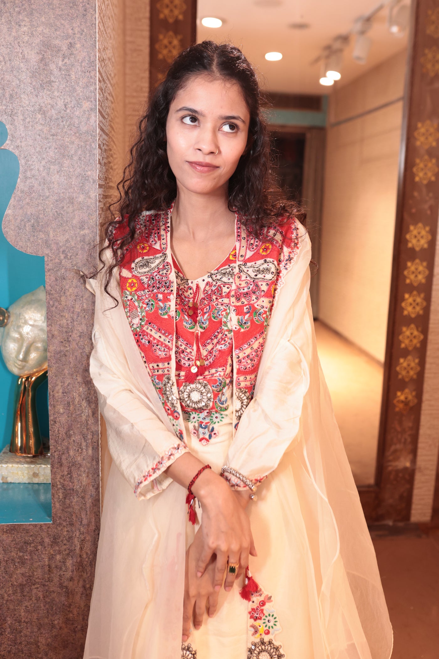 Cream Short Kurta Set with Colorful Embroidered Yoke and Flowy Sharara (S-302 B-1)
