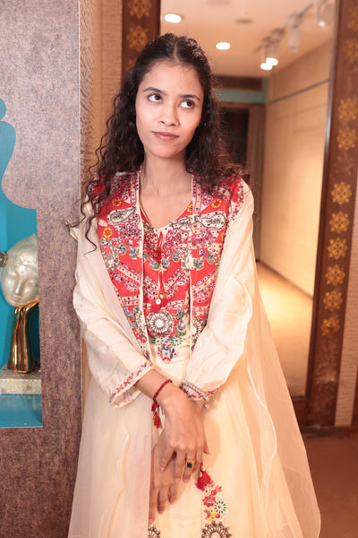 Cream Short Kurta Set with Colorful Embroidered Yoke and Flowy Sharara (S-302 B-1)