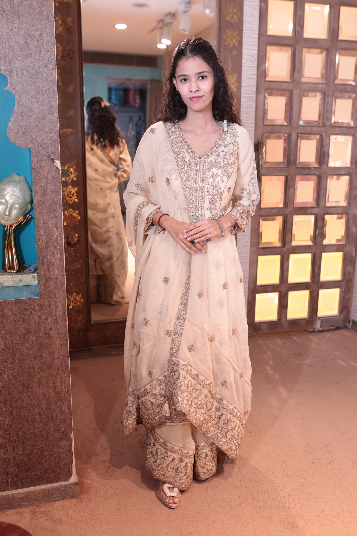 Cream Antique Gold Embroidered Kurta Set (FALAK M-91)