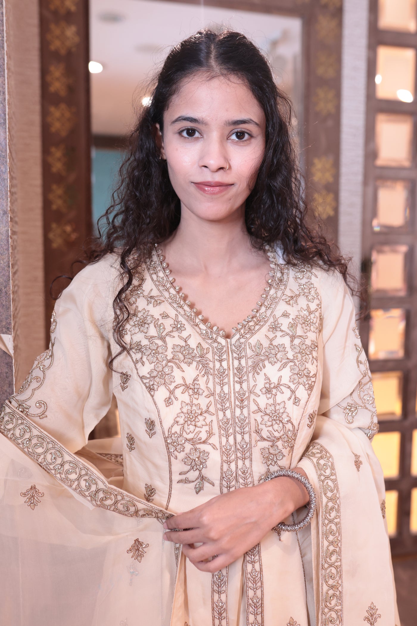 Cream Antique Gold Embroidered Kurta Set (FALAK M-91)