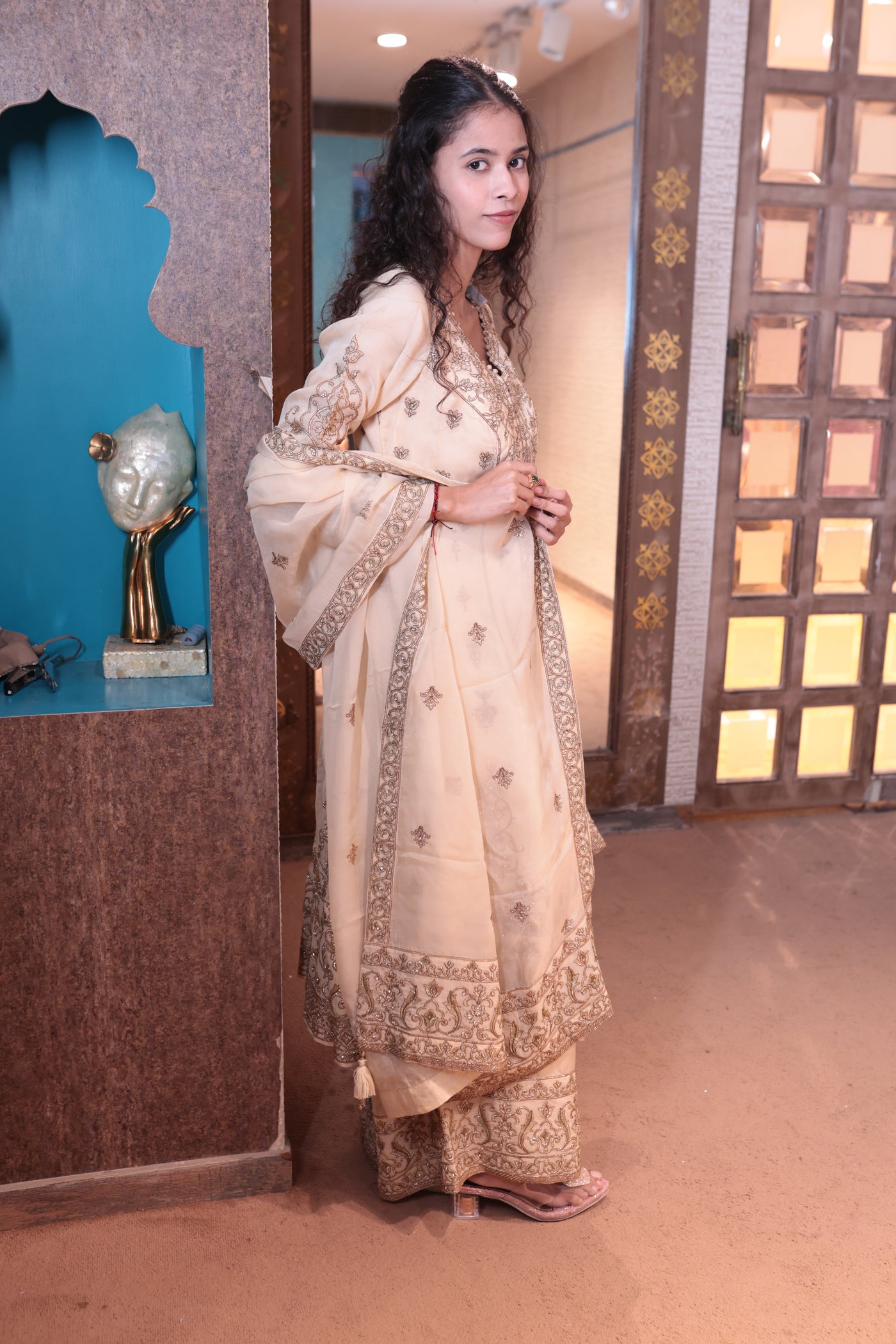 Cream Antique Gold Embroidered Kurta Set (FALAK M-91)