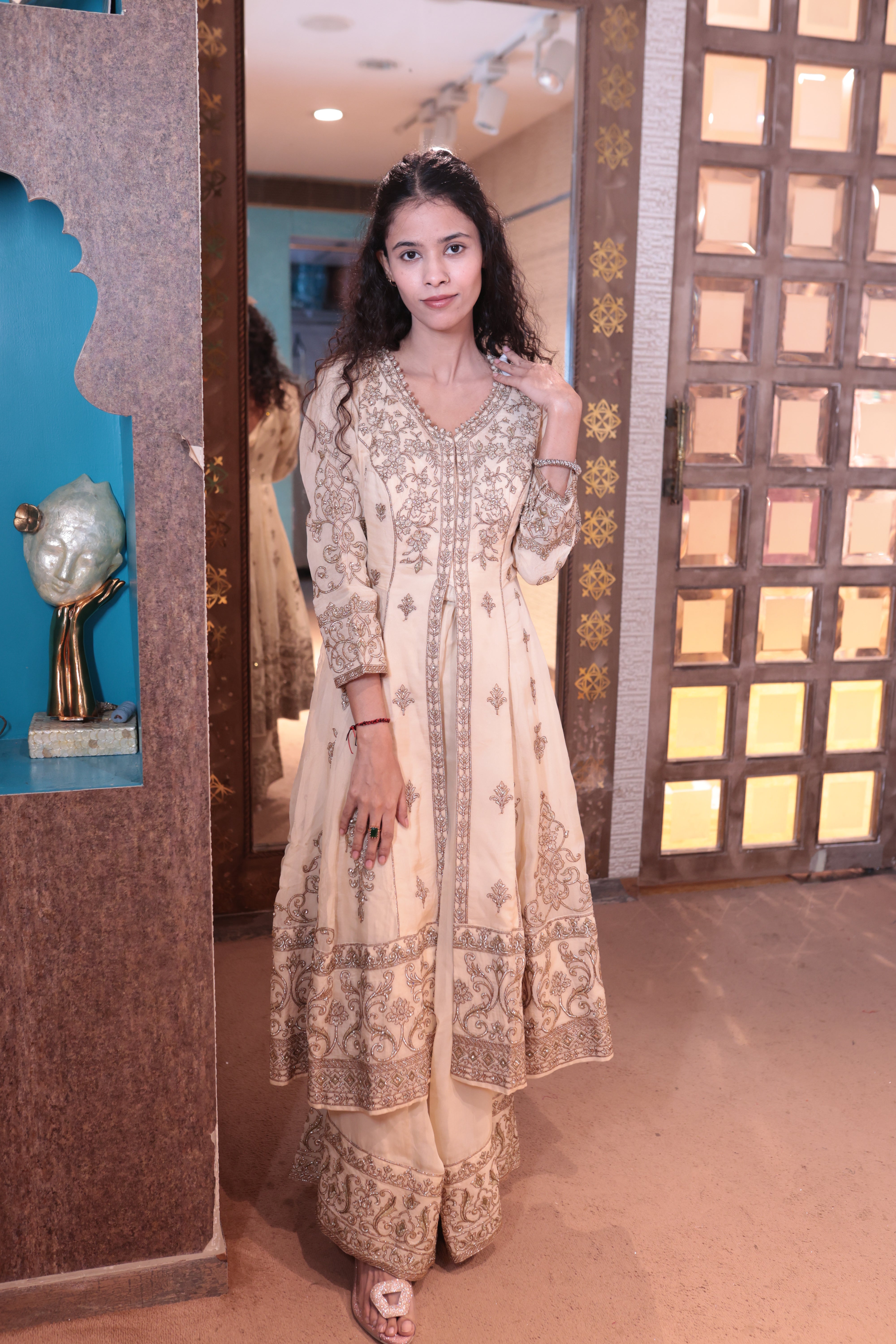 Cream Antique Gold Embroidered Kurta Set (FALAK M-91) Main image