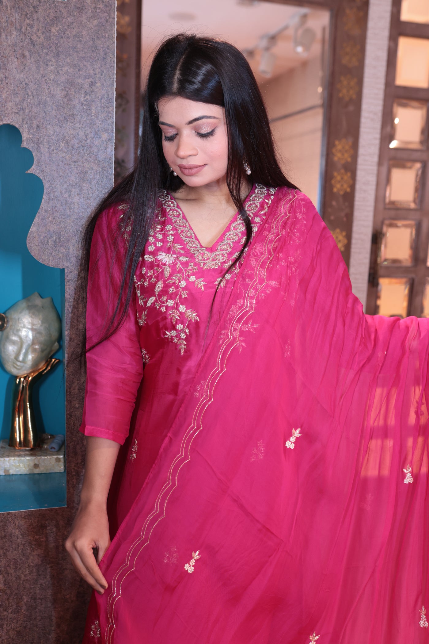 Fuchsia Pink & White Embroidered Kurti Set (2331 BS-62)