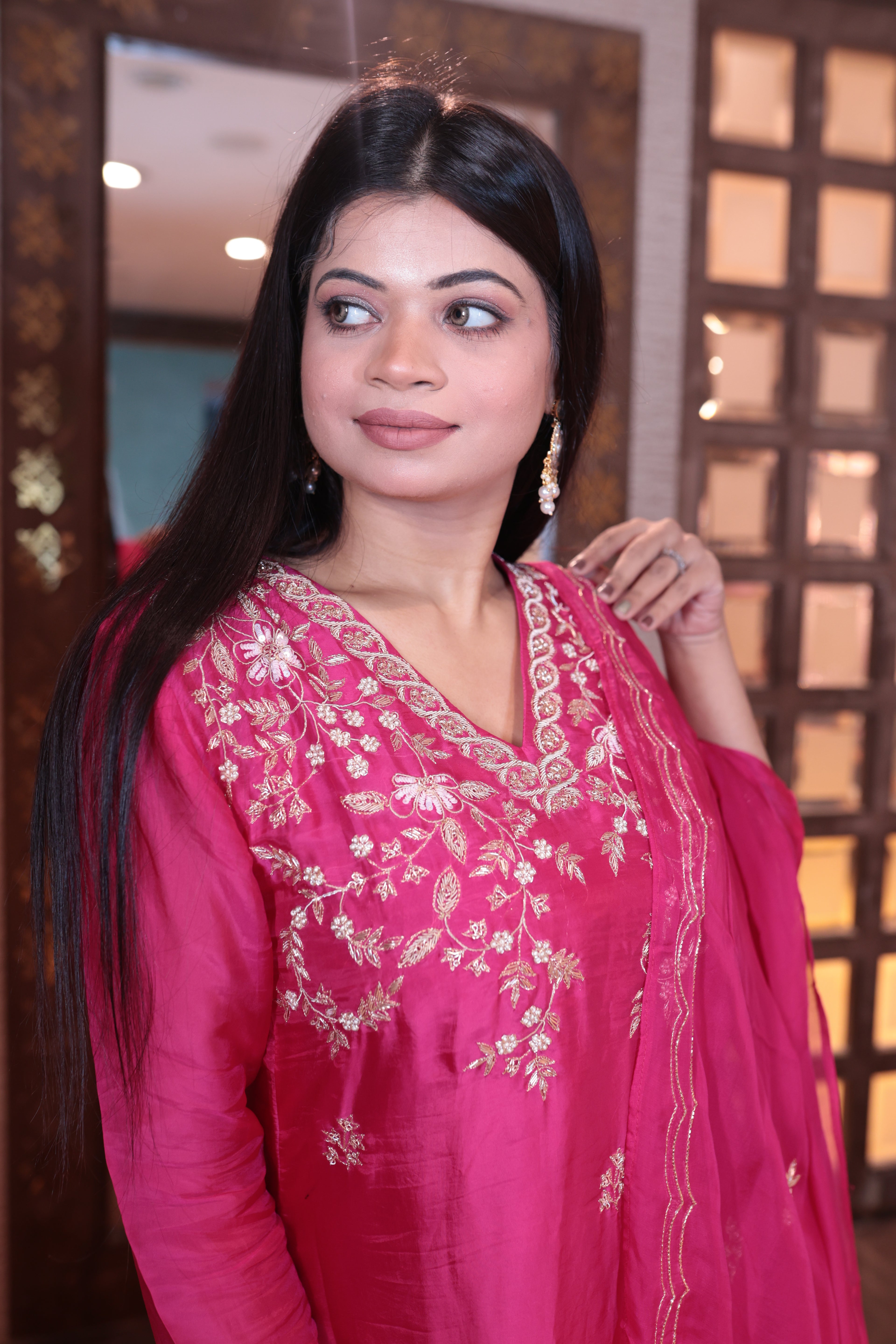 Fuchsia Pink & White Embroidered Kurti Set (2331 BS-62)