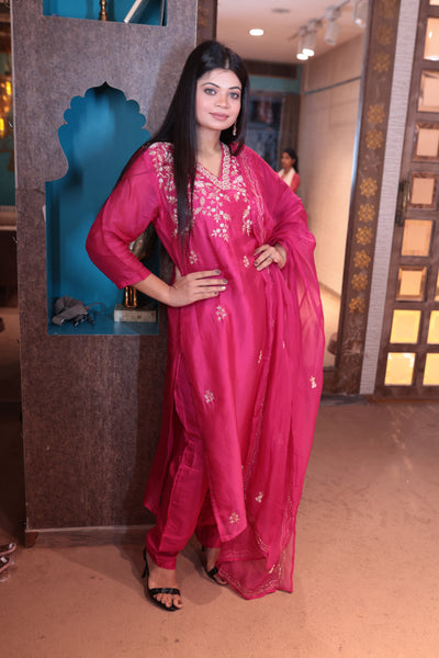 Fuchsia Pink & White Embroidered Kurti Set (2331 BS-62)