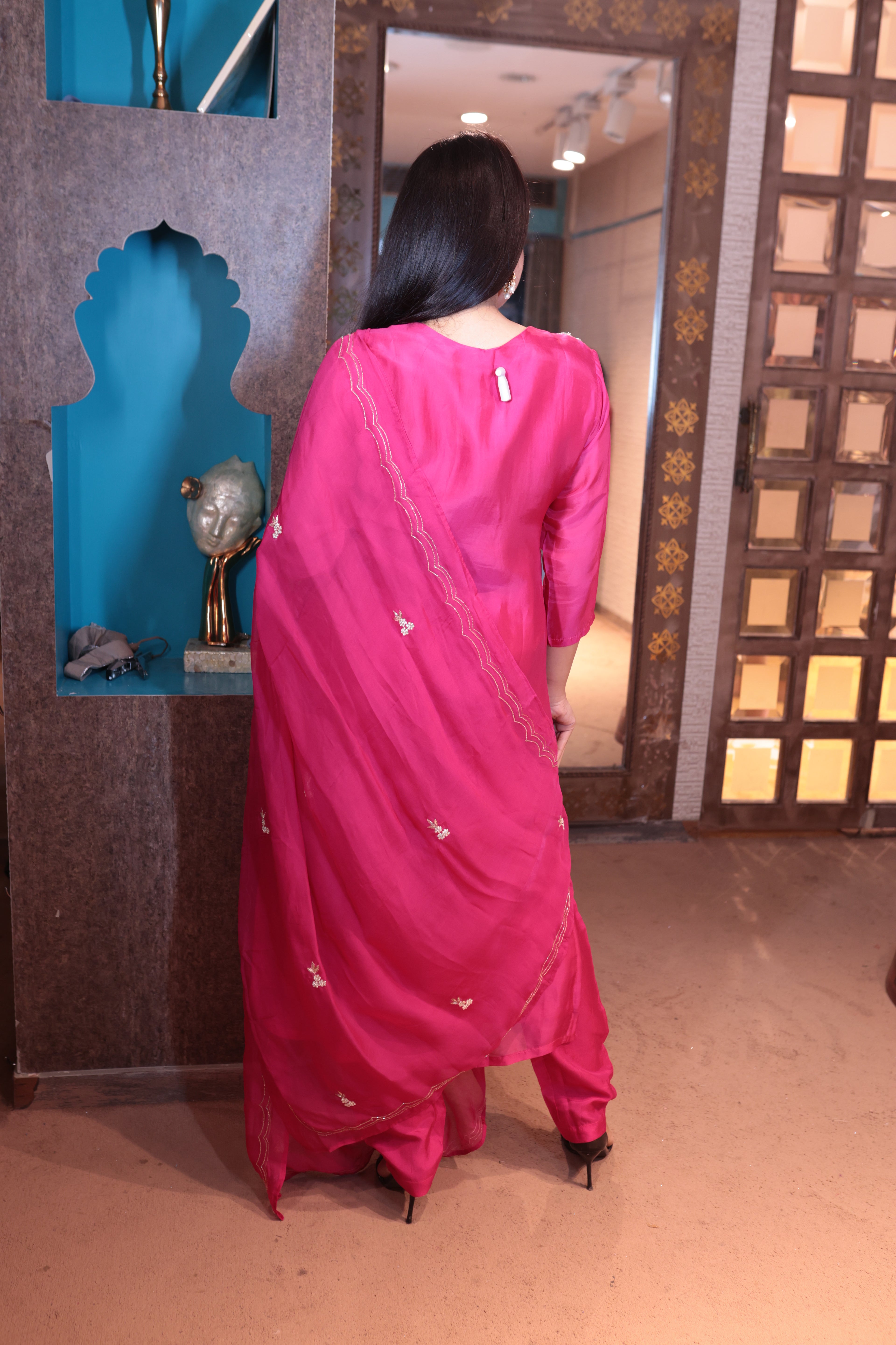 Fuchsia Pink & White Embroidered Kurti Set (2331 BS-62)