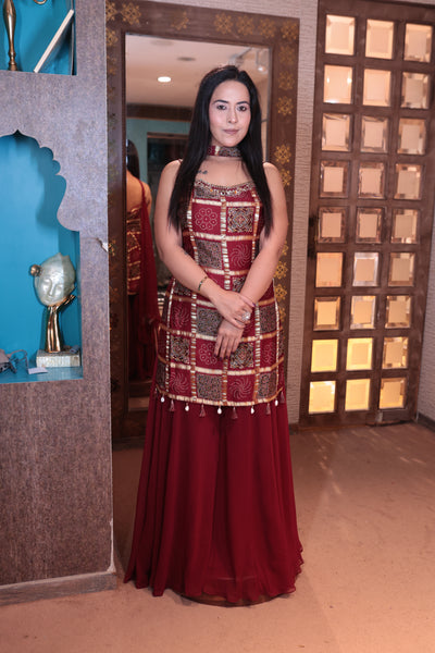 Deep Maroon Printed Kurta & Sharara Set (JM-3081 M-33)